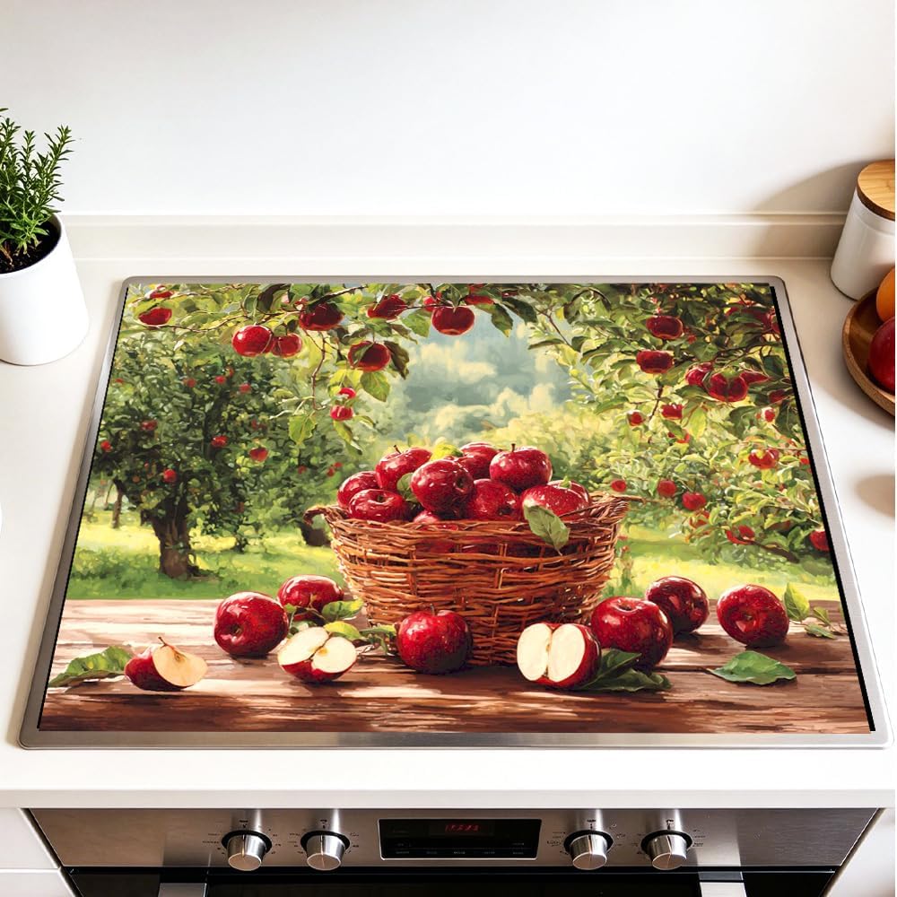 Stove Top Cover for Electric Stove 28.35 x 20.47 Inch Non Slip Stove Mat Apple Orchard Basket Glass Cooktop Protector Kitchen Counter Mat