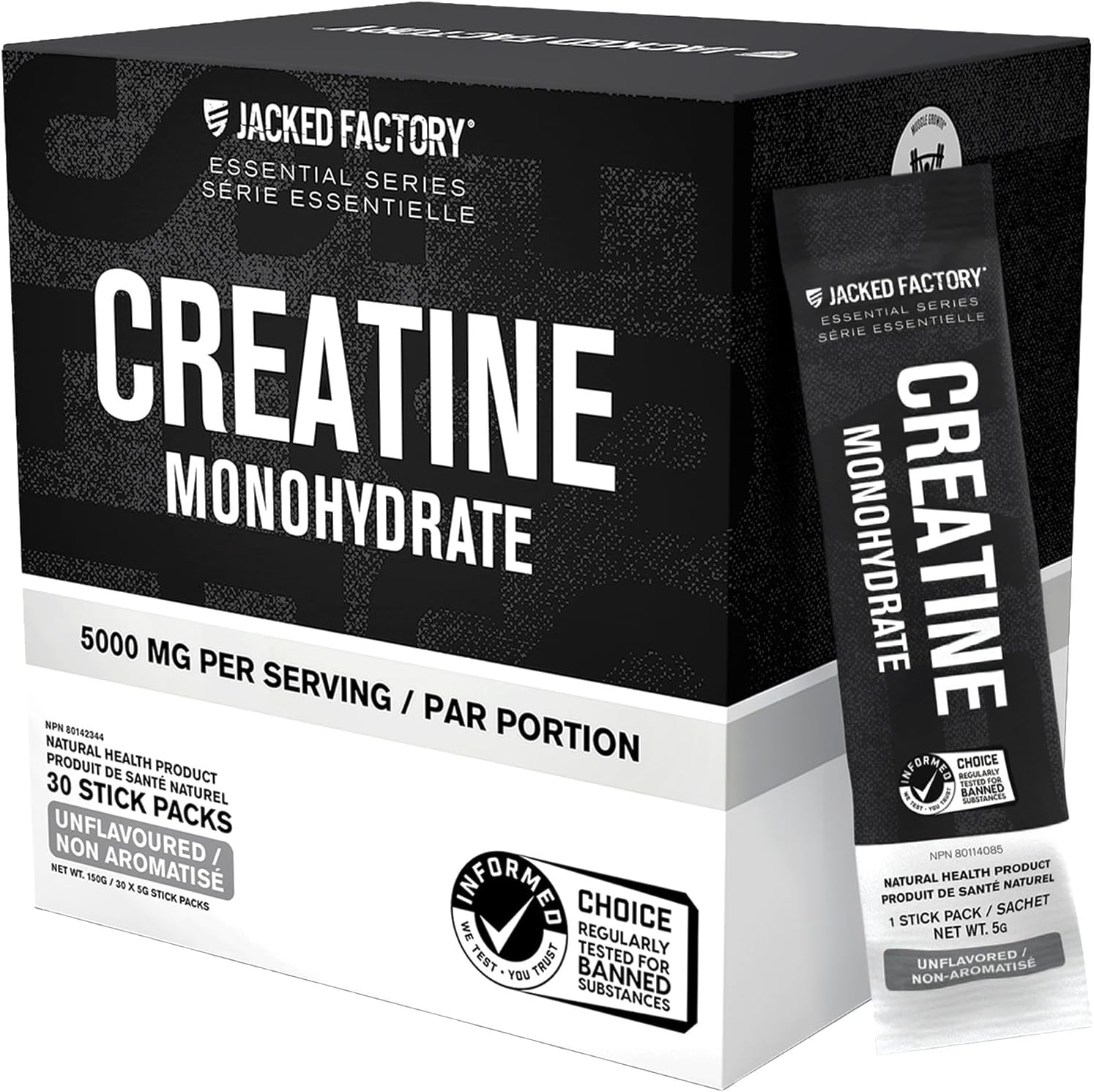 Jacked Factory Creatine Stick Packs - Creatine Monohydrate Powder 5000mg Per Stick - Creatine Supplement for Muscle Growth, Increased Strength, and Improved Athletic Performance - 30 Pack, Unflavoured
