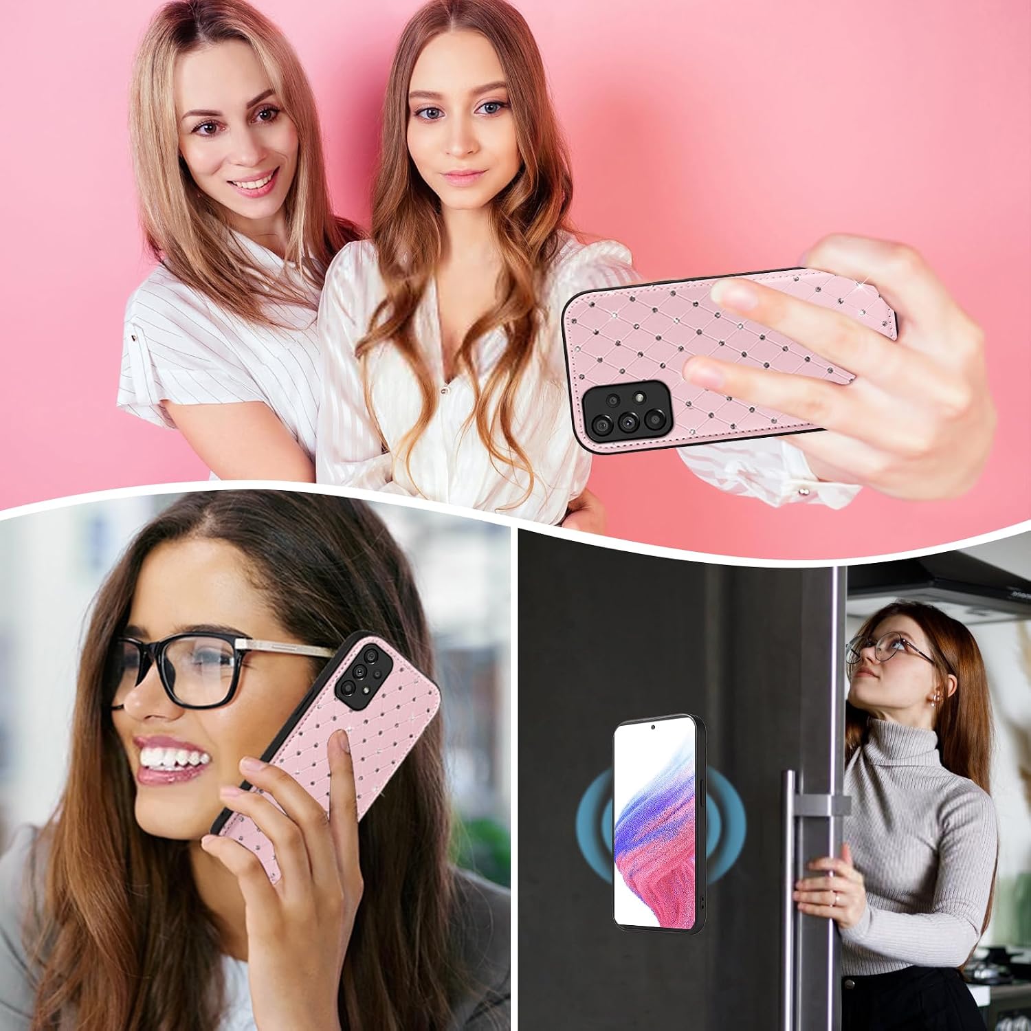 Asuwish Phone Case for Samsung Galaxy A53 5G Zipper Wallet Detachable Magnetic Cell Cover with Screen Protector Crossbody Strap Bling Flip Credit Card Holder A 53 G5 53A SM A536U 6.5" 2022 Women Pink