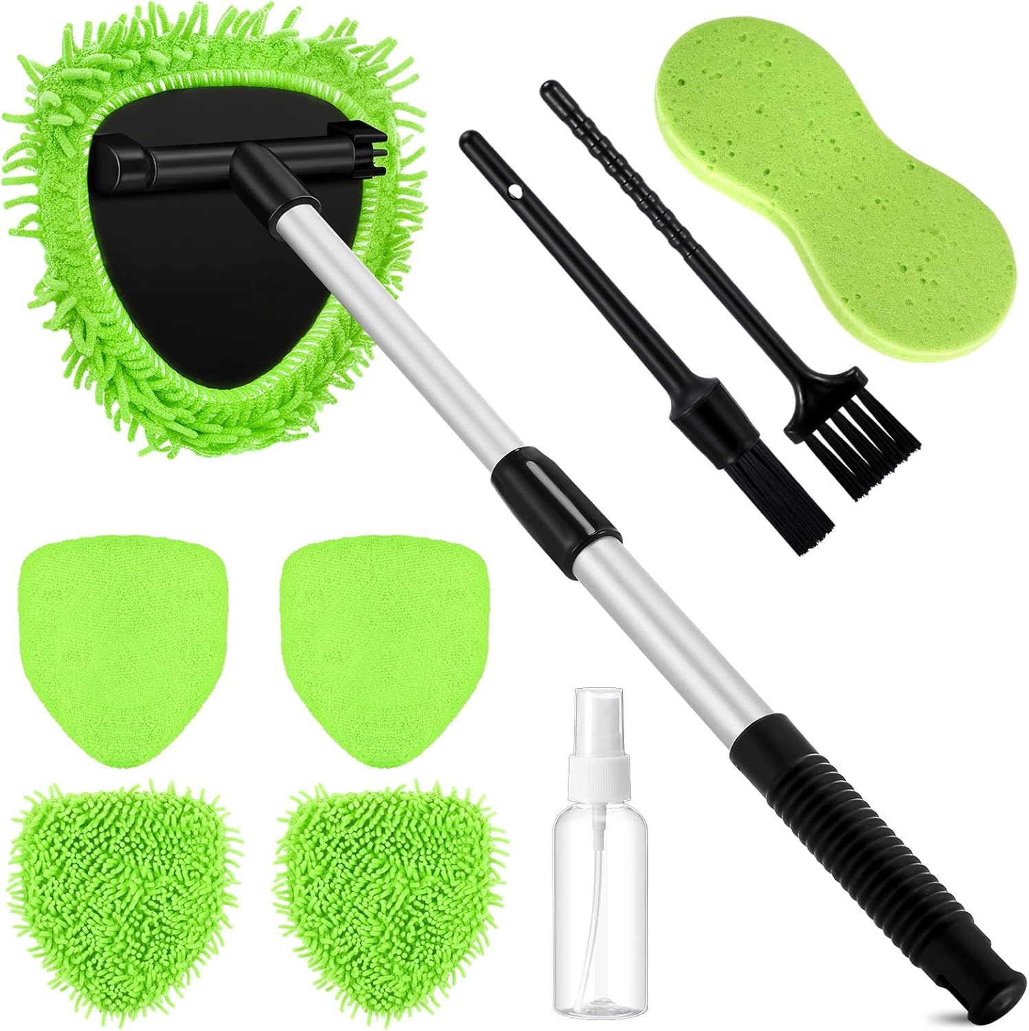 Baderke 9 Pcs Car Windshield Cleaner Tool Kit with with Extendable Handle, Microfiber Towel Pads, Sponge, Ventilation Brush, Empty Spray Bottle for Auto Glass Wiper Suvs Rvs & Home Windows(Green)