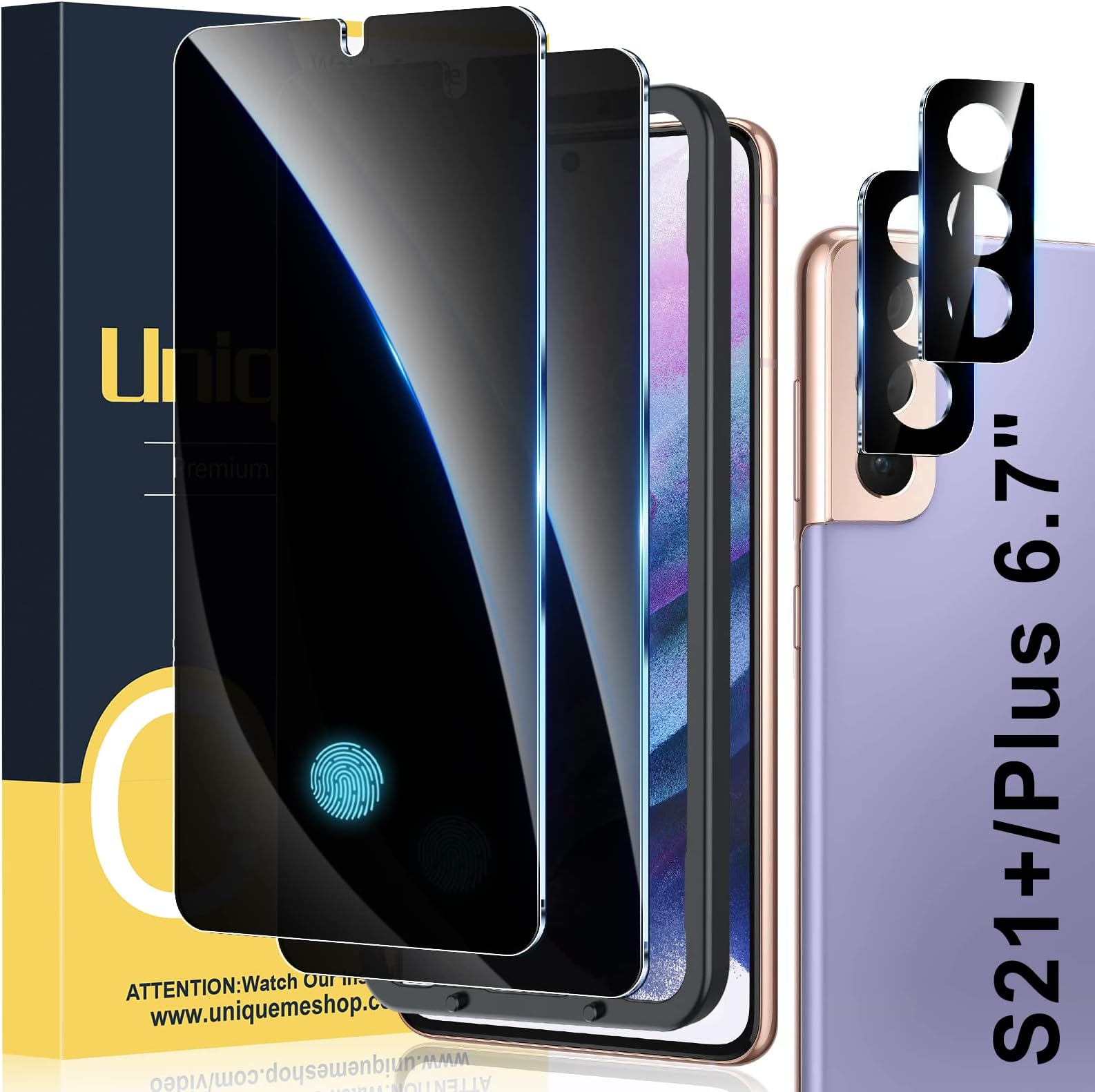 UniqueMe [2+2 Pack Compatible with Samsung Galaxy S21 Plus 6.7 inch Privacy Screen Protector and Camera Lens Protector【Support Fingerprint Unlock】 with Easy Installation Tool【Not Glass】【7H Hardness】