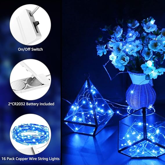 Olafus 16 Pack Blue Fairy Lights Battery Operated, IP68 Waterproof Mini String Light, 7ft Small LED Bottle Light for Wedding Vase Centerpieces Table Decorations Christmas Indoor Party Jars Gift