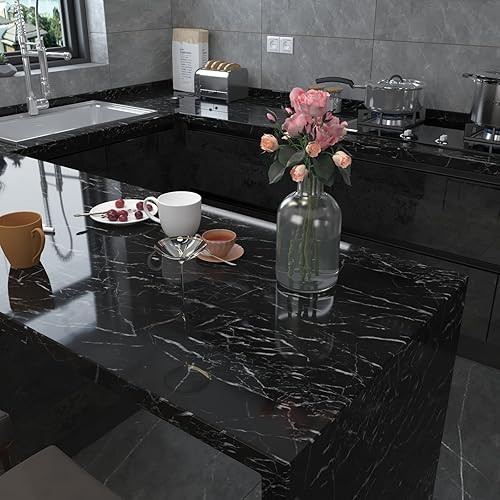 Miniatura 2 de Papel de contacto de mármol negro brillante de 15.7 x 393.7 pulgadas, papel tapiz para despegar y pegar, película de vinilo autoadhesiva, extraíble,