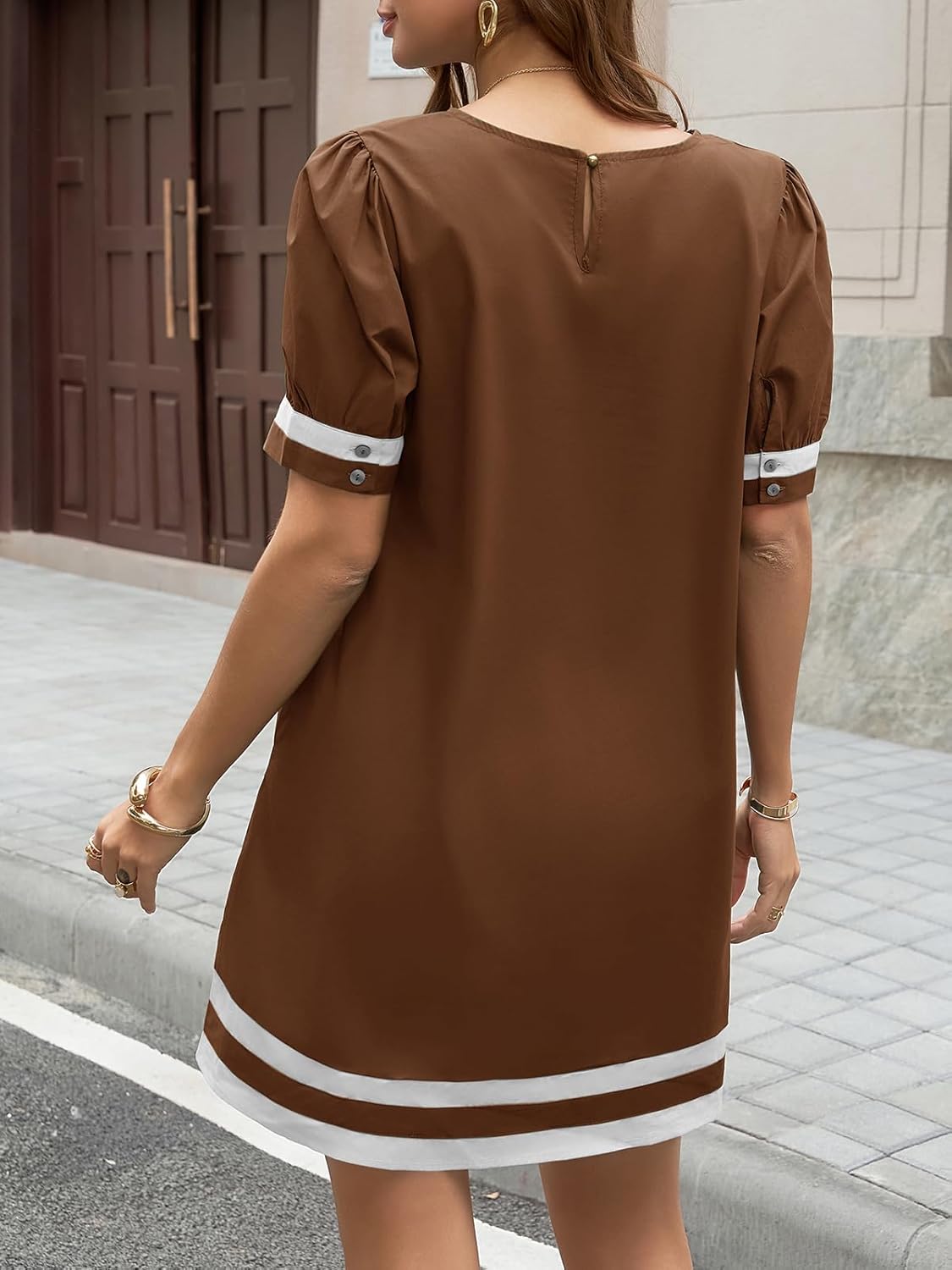 Wenrine Womens Puff Short Sleeve Mini Dress Summer Crewneck Striped Color Block Loose Casual Shift Dresses with Pockets - Image 3