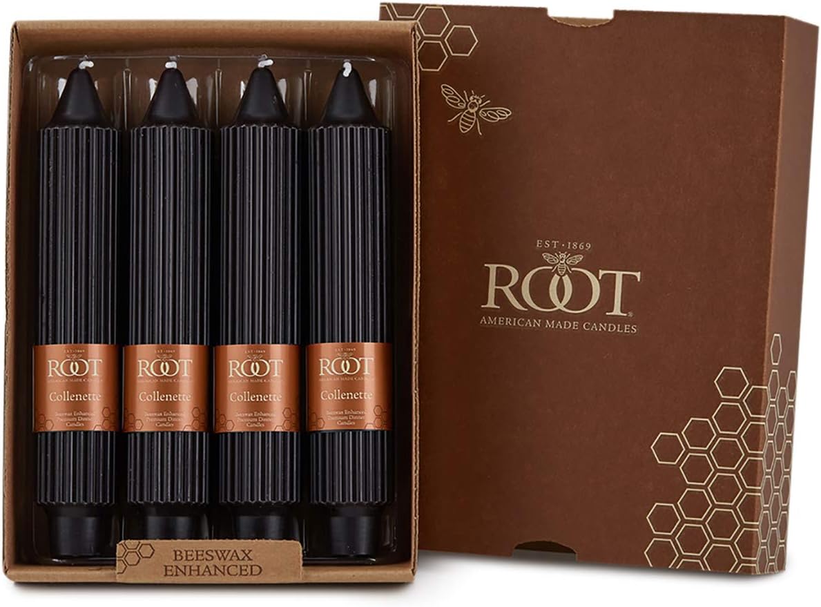 Root Candles Unscented Dinner Candles Premium Beeswax Blend Boxed Candle Set - Grecian Collenette, 7-Inch, Black, 4-Count