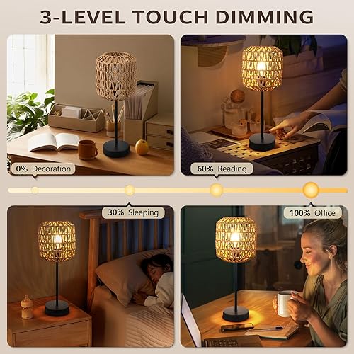 Miniatura 4 de N02 Rustic Rattan Table Lamp with Handmade Woven Shade, Dimmable Vintage Bedside Lamp Touch Control, Boho Farmhouse Nightstand Lamp with USB Port