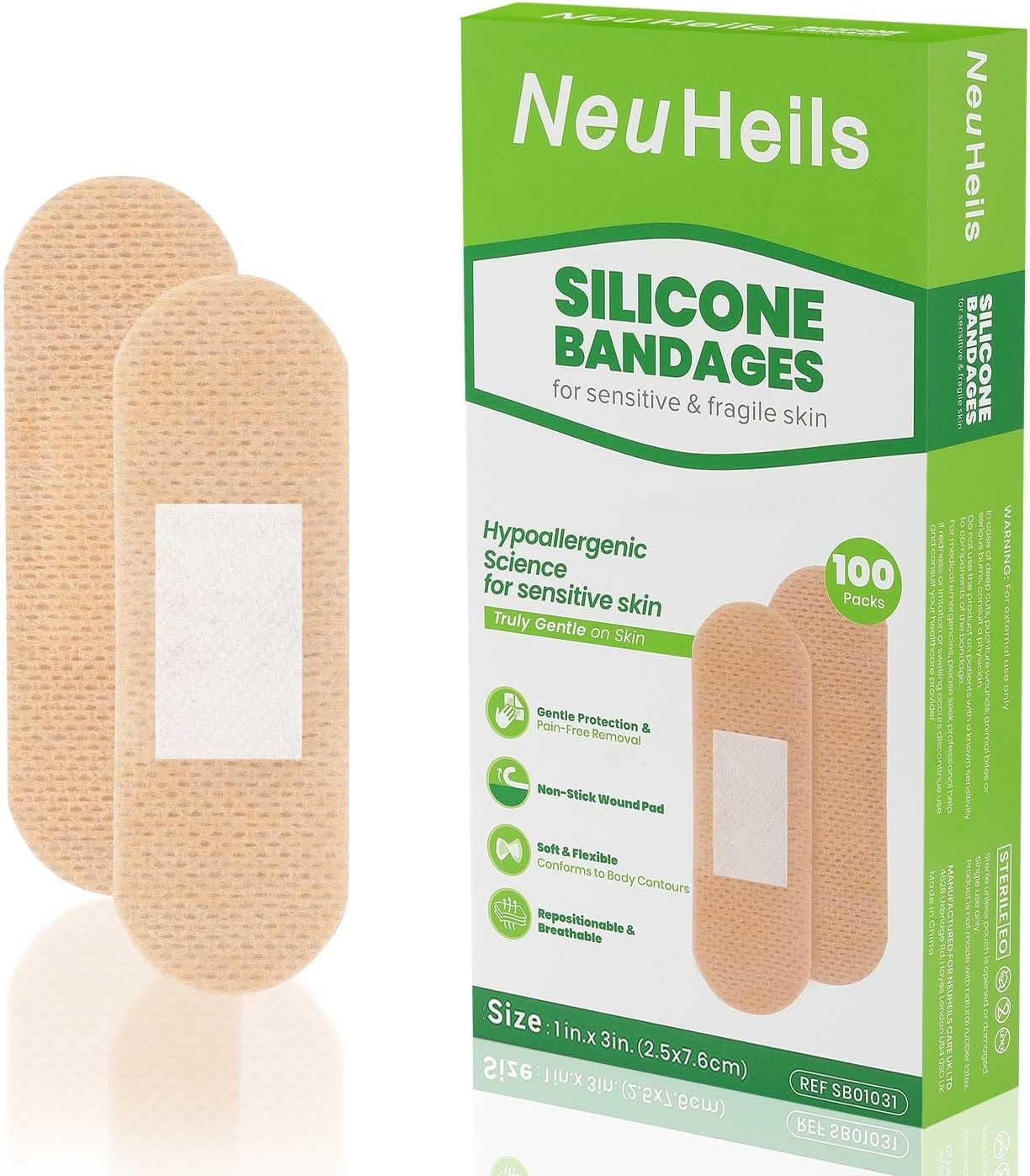 NeuHeils Silicone Bandages for Sensitive Skin 1''x3'' (100 Count), Hypoallergenic, Pain-Free Removal, Non-Stick Pad, Gentle for Fragile Skin,Flexible, Waterproof Wound Dressing