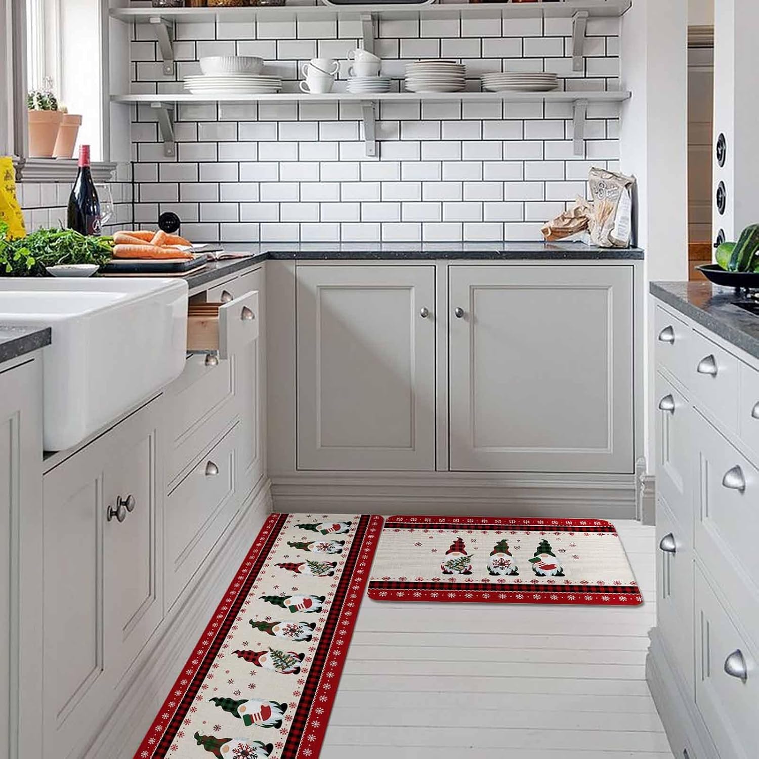 Red Gnomes Christmas Kitchen Rugs and Mats Set of 2, Non-Slip Kitchen Sink Mat, Xmas Tree Snowflake Gifts Rustic Plaid Washable Doormat Bathroom Rugs Runner for Bedroom 17.7"x30"+17.7"x47.2"