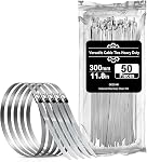 Metal Zip Ties, Deecam 50 Pcs 11.8 inch 304 Stainless Steel Cable Ties, Multi-Purpose Self-Locking Reusable Cable Ties, High Temperature Zip Ties for Exhaust Wrapping, Fence, Outdoor and Canopy