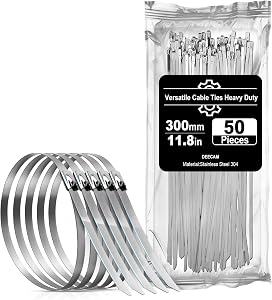Metal Zip Ties, Deecam 50 Pcs 11.8 inch 304 Stainless Steel Cable Ties, Multi-Purpose Self-Locking Reusable Cable Ties, High Temperature Zip Ties for Exhaust Wrapping, Fence, Outdoor and Canopy