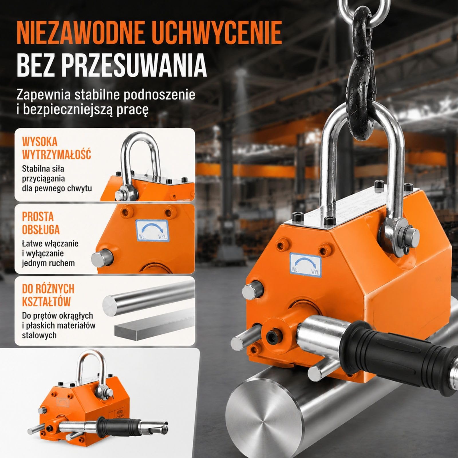 Magnes podnoszący 400 kg, neodym i stal z uchwytem zwalniającym, rowek U do blach oraz prętów w warsztacie