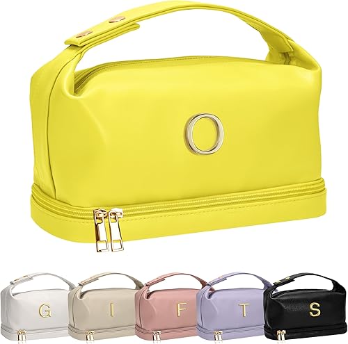 Vista 169 de Regalos Vogewood para mujeres, bolsa de maquillaje personalizada con asa, bolsa de cosméticos inicial de doble capa con organizador de brochas