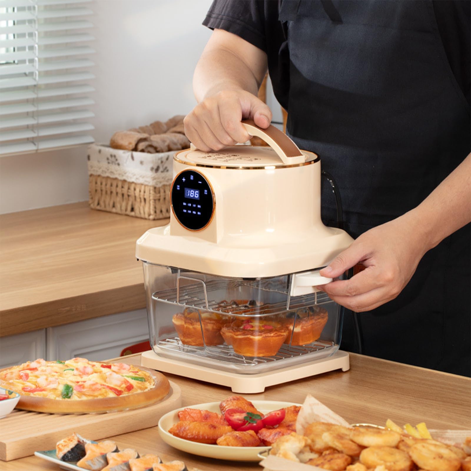 Frytkownica Powietrzna Inteligentna Z Widoczną Szklaną Miską Do Użytku Domowego Wielofunkcyjny Cyfrowy Piekarnik Blatowy Do Szaszłyków Chipsów I Domowych Przekąsek