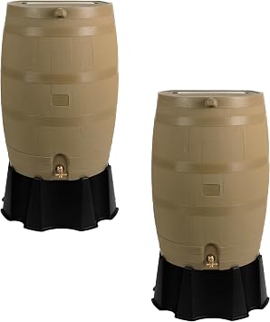 RTS Home Accents 50-Gallon Rain Barrel, Flat Back Rain Water Collection Barrel, Stand and Link Kit Included, Oak Color 2 Pack