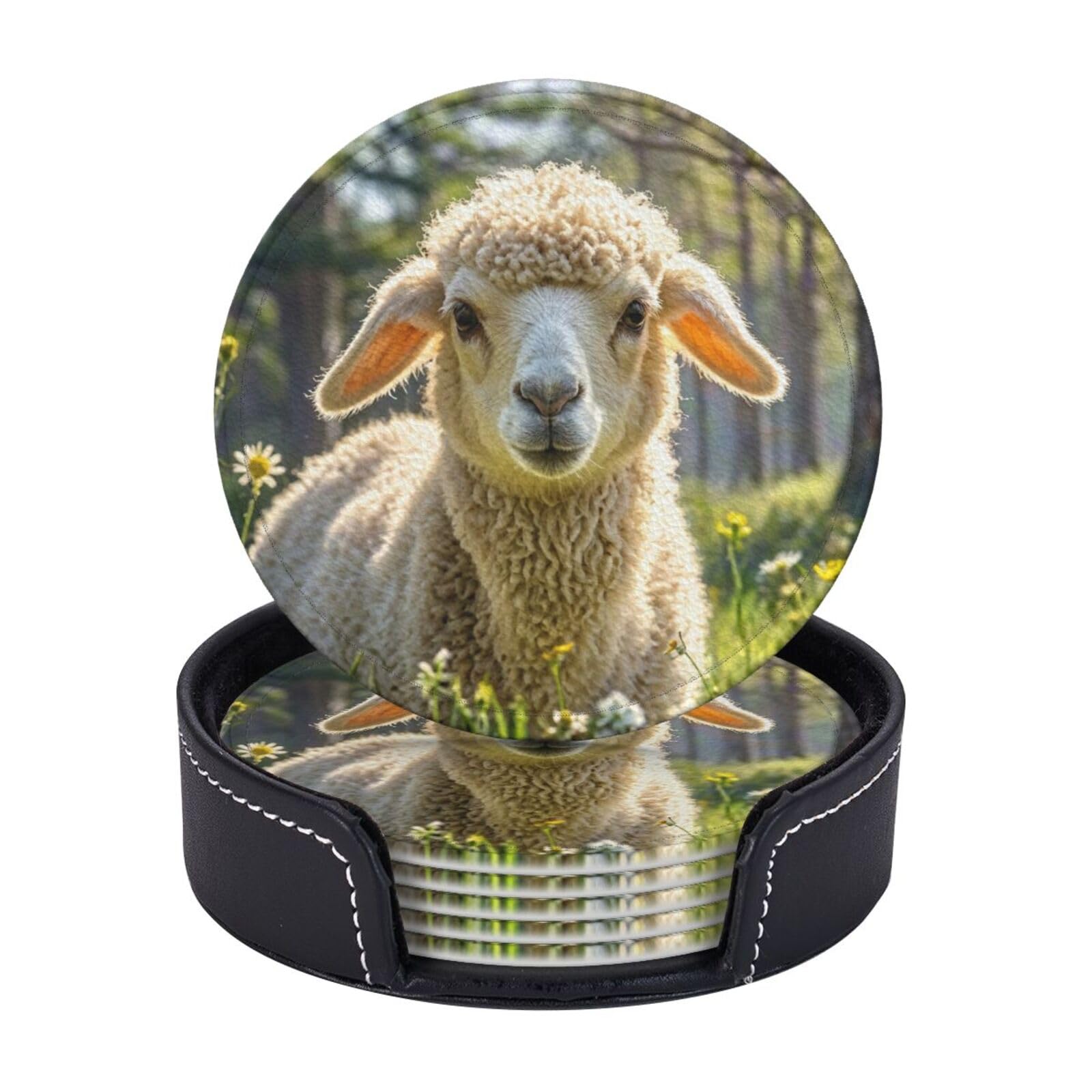 Coasters Set of 6 Leather Drink Coasters with Holder Llama Alpaca Coasters for Drinks Heat Resistant Coaster Round Coffee Cup Mat Pad for Kitchen Office Home Decor