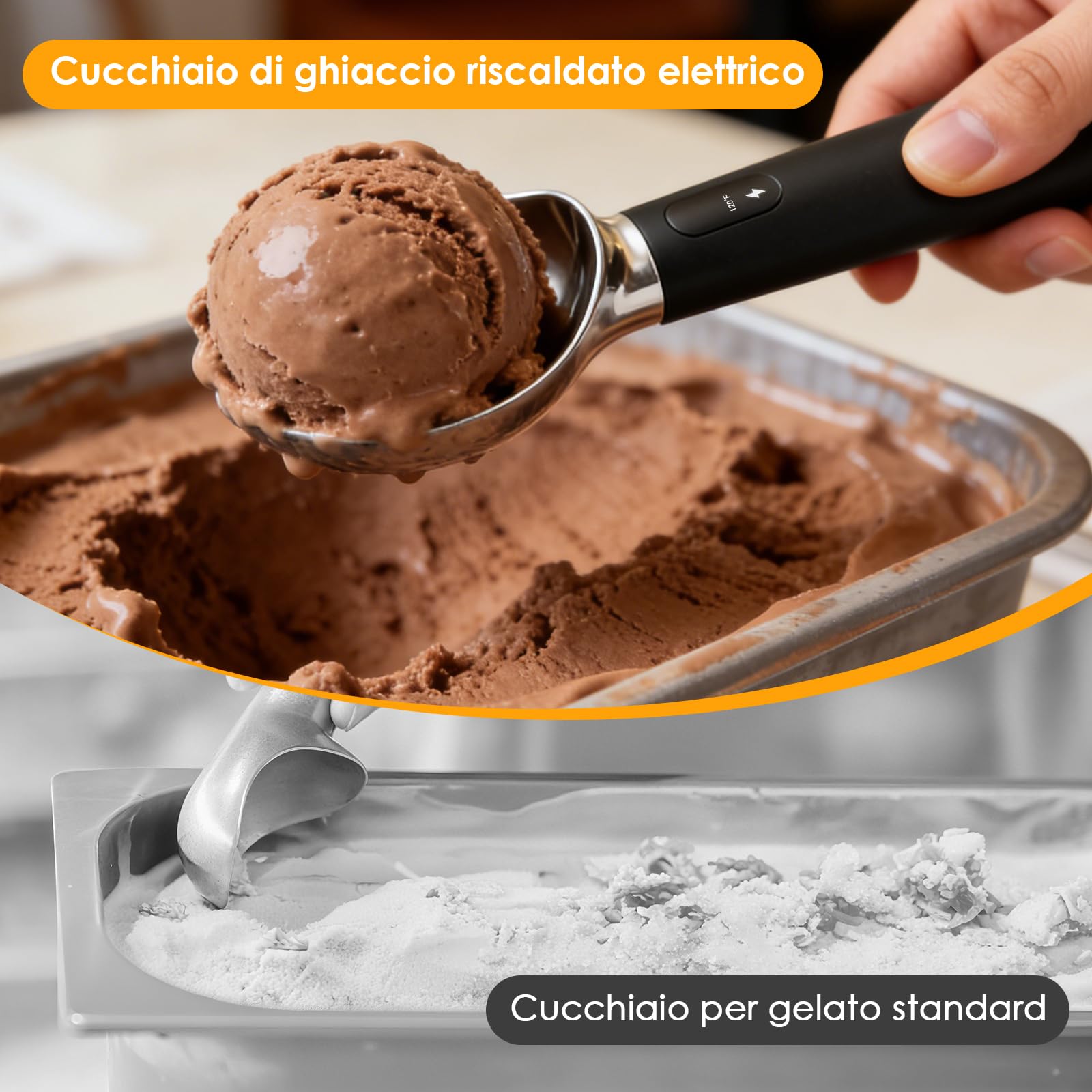 Cucchiaio Gelato, Paletta per Gelato Elettrica Riscaldata con 3 Posizioni di Riscaldamento, Ricaricabile, Impermeabilità IPX7, Porzionatore Antiaderente, Ice Ball Scoop for Hard lce Cream