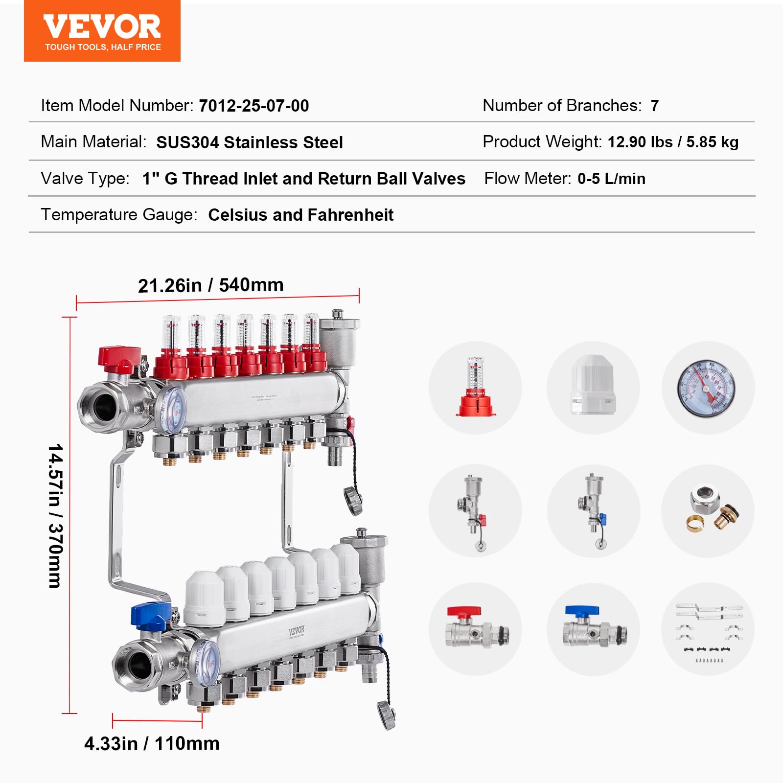 VEVOR Colector de Calor radiante de 7 Derivaciones, Colector de Tubería PEX de Acero Inoxidable SUS304 para Calefacción por Suelo Radiante Hidrónico, con Adaptadores, 540 x 370 x 110 mm, 0-5 L/min