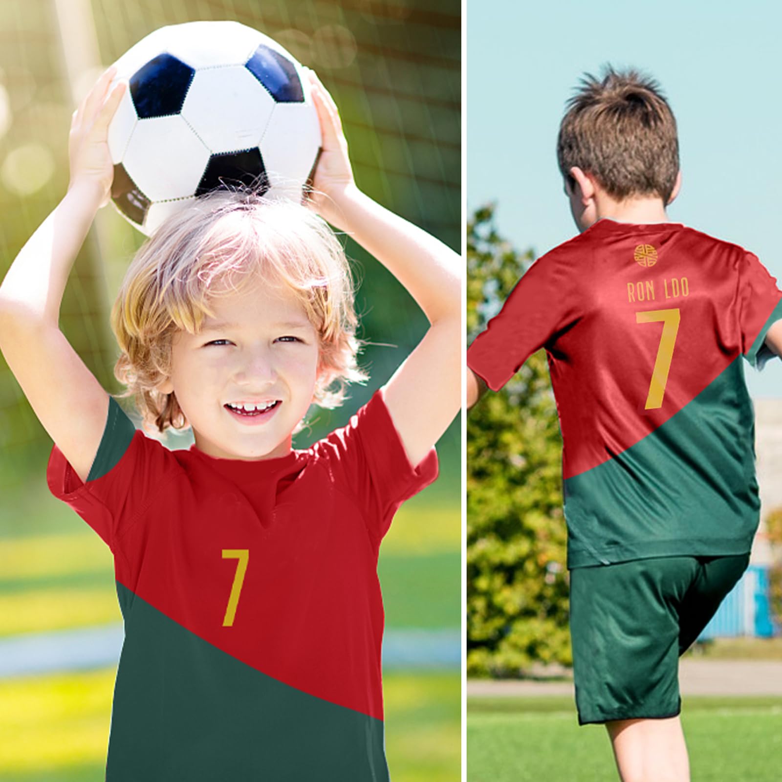 Ronronner Conjunto de fútbol para niños, con camiseta, pantalones cortos y calcetines, camiseta roja de jersey de manga corta con el nro. 7, para adultos y niños