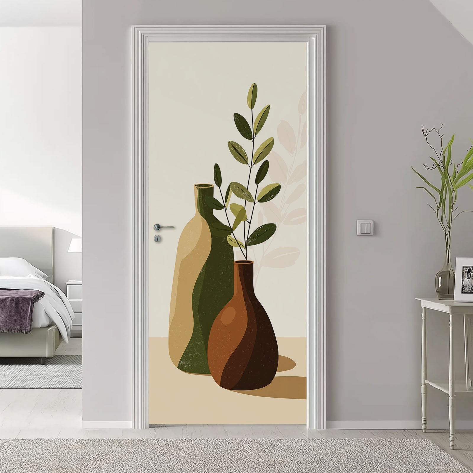Proste rośliny, samoprzylepna naklejka na drzwi, 80 x 210 cm, wazon, liście, wodoodporna tapeta na drzwi z folii samoprzylepnej, beżowa, plakat DIY, tapeta na drzwi, do pokoju dziecięcego, kuchni