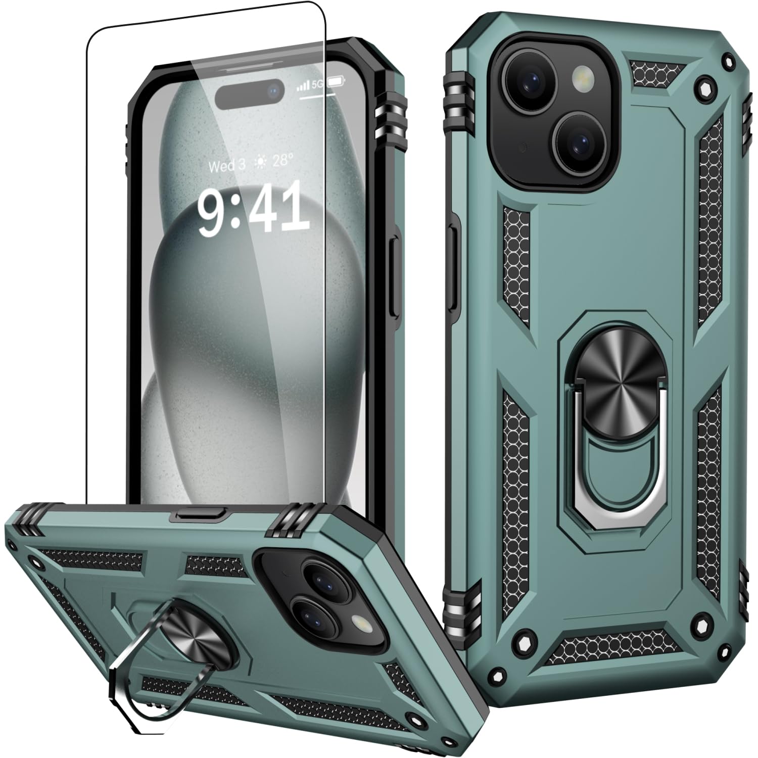 IKAZZ for iPhone 13 Mini Case 5.4 Inch with Screen Protector,Military Grade Shockproof Heavy Duty Protective Phone Cover Pass 16ft Drop Test with Magnetic Kickstand Car Mount Holder,Pine Green