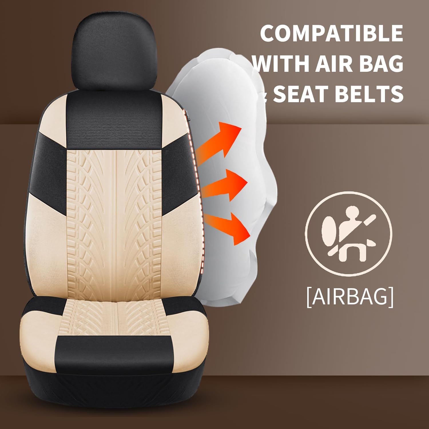 Car Seat Cover Full Set, Cloth Car Seat Covers, Car Seat Covers Airbag Compatible, Universal Fit for Most Cars, Truck, SUV (Black + Beige)