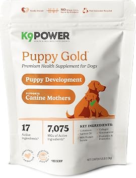 K9Power Puppy Gold 3lb Puppy Supplement for Growth & Development Also Supports Pregnant & Nursing Mothers Colostrum, DHA, Glucosamine, Collagen, Probiotics, Creatine, Milk Protein, Salmon Oil