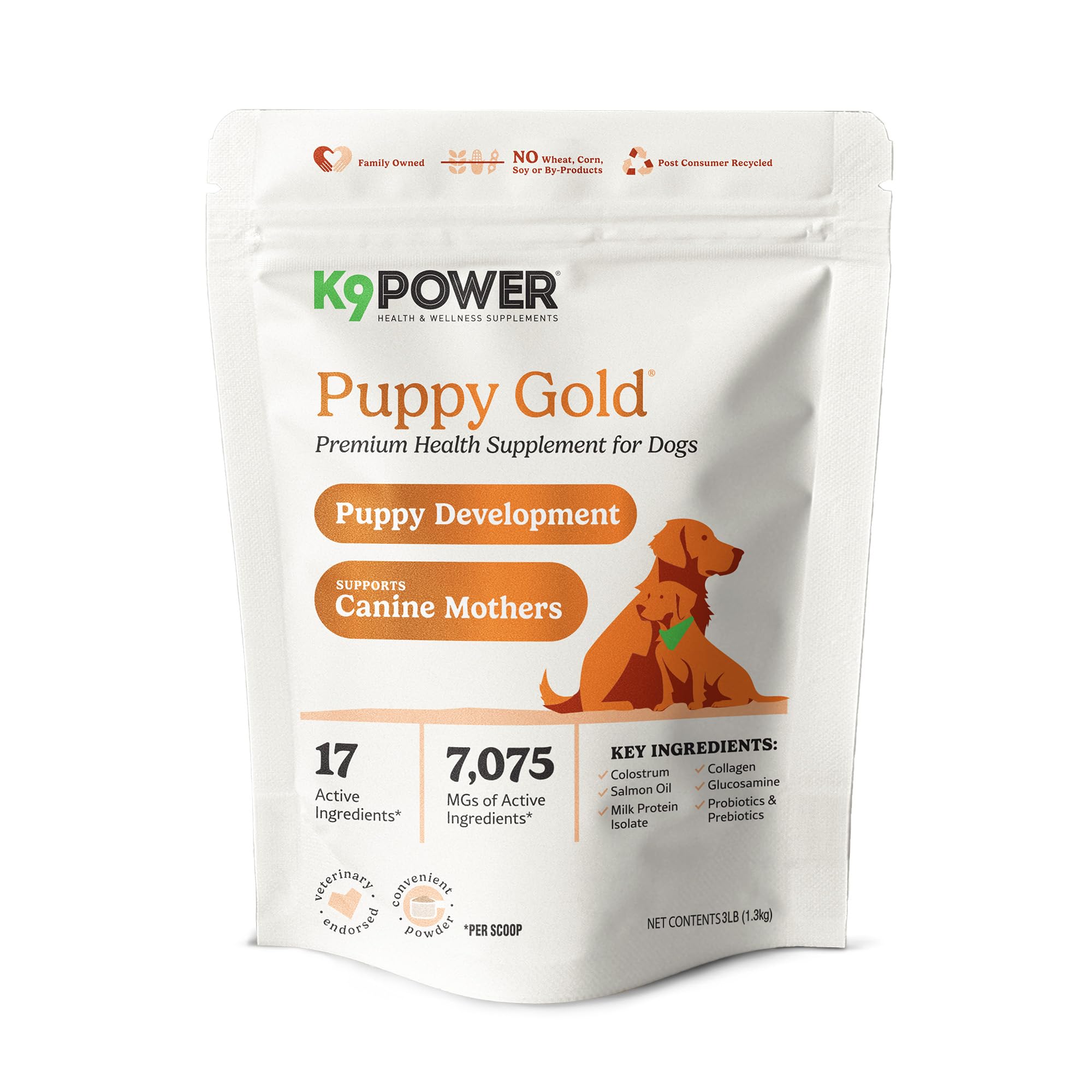 K9Power Puppy Gold 3lb – Puppy Supplement for Growth &amp; Development – Also Supports Pregnant &amp; Nursing Mothers – Colostrum, DHA, Glucosamine, Collagen, Probiotics, Creatine, Milk Protein, Salmon Oil