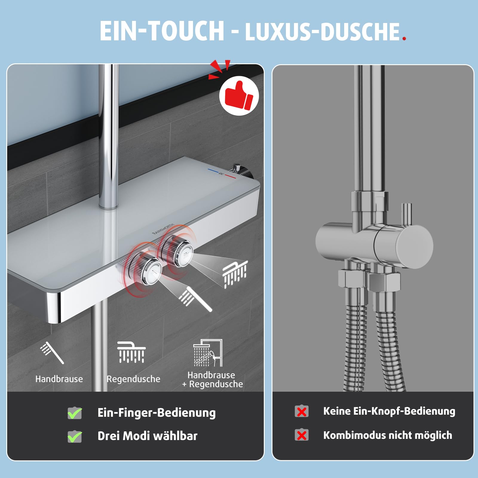 Rainsworth Duschsystem mit Thermostat und Glasablage 26 x 26 cm, Chrom | Ein-Tast-Bedienung & Durchflussregelung Duscharmatur Komplettset, Regendusche, Handbrause 3 Strahlarten -Duschset mit armatur