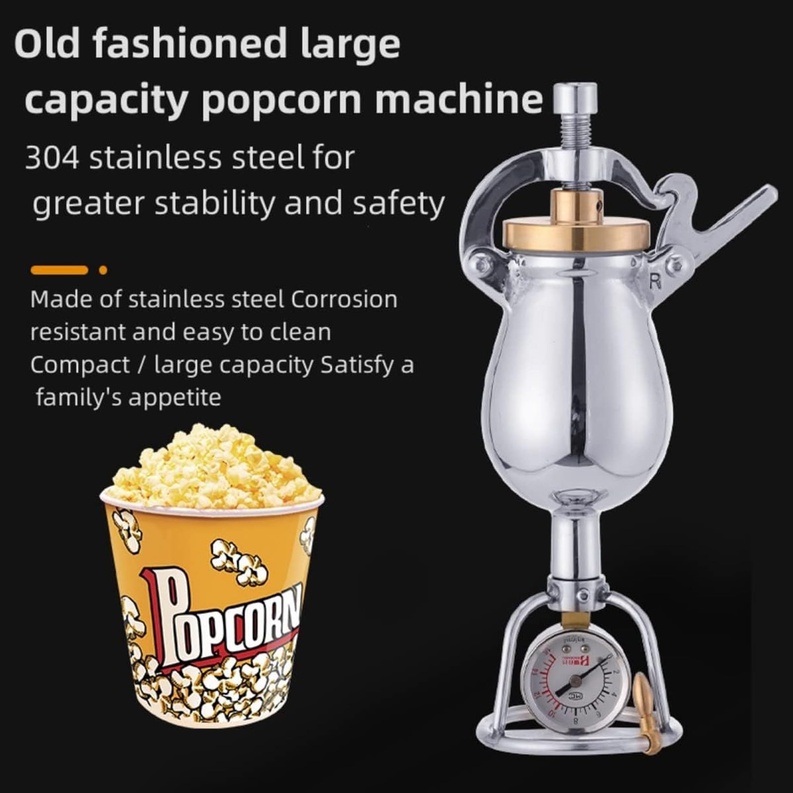 Macchina Per Popcorn Fornello, Macchina Per Riso Soffiato Ad Alta Pressione, Cannone Per Popcorn Tradizionale Retrò In Acciaio Inossidabile Aria Calda A Manovella(360ml)
