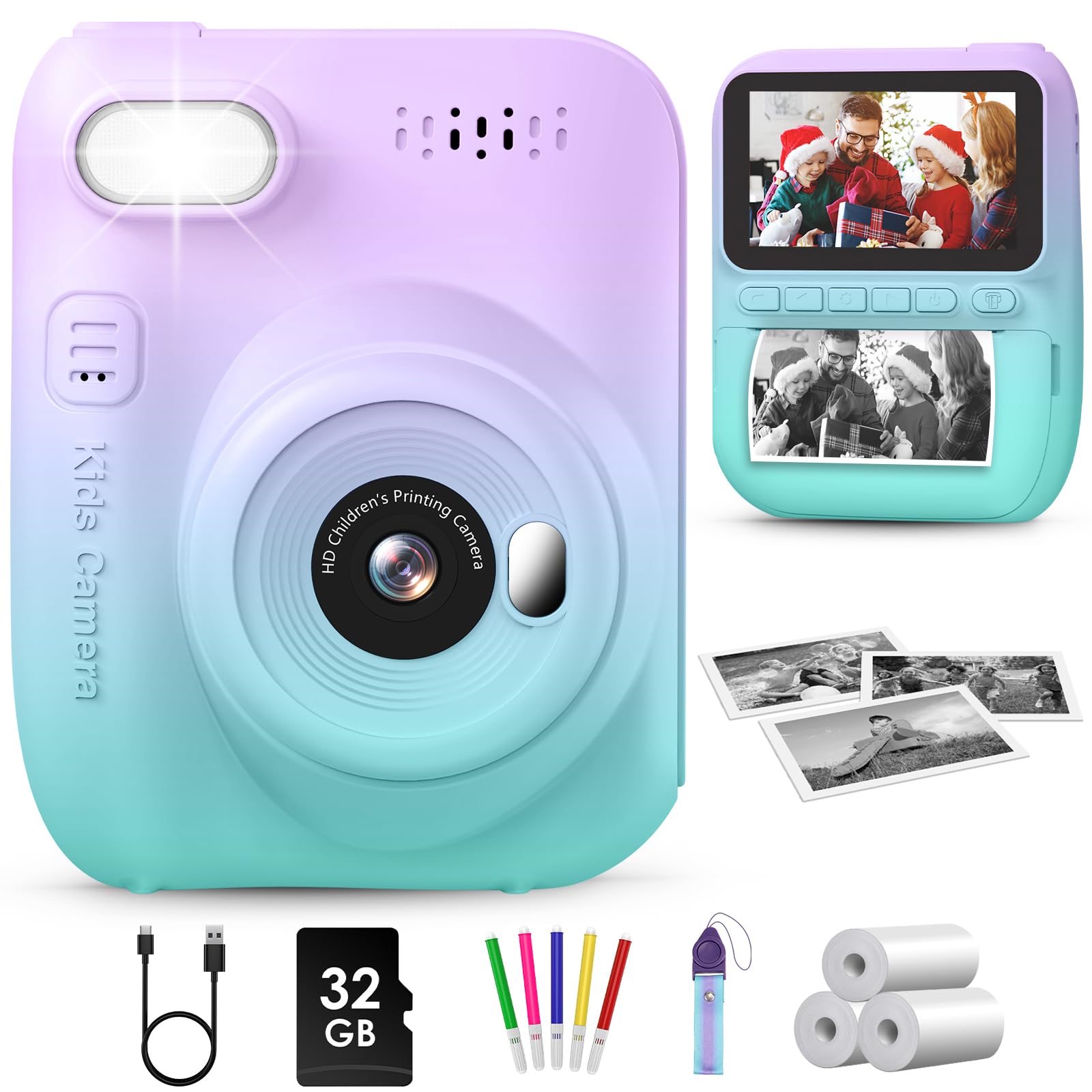 GREENKINDER Kids Camera Instant Print 3.0'' Screen, Girls & Boys Age 3-12