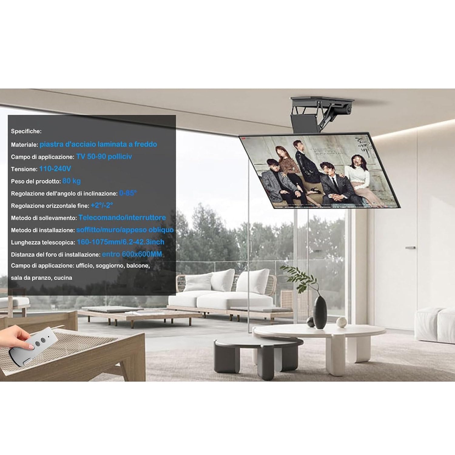 Soporte motorizado para TV, elevador eléctrico desplegable para televisores de 50 a 90 pulgadas, diseño telescópico con control remoto e interruptor, función abatible automática