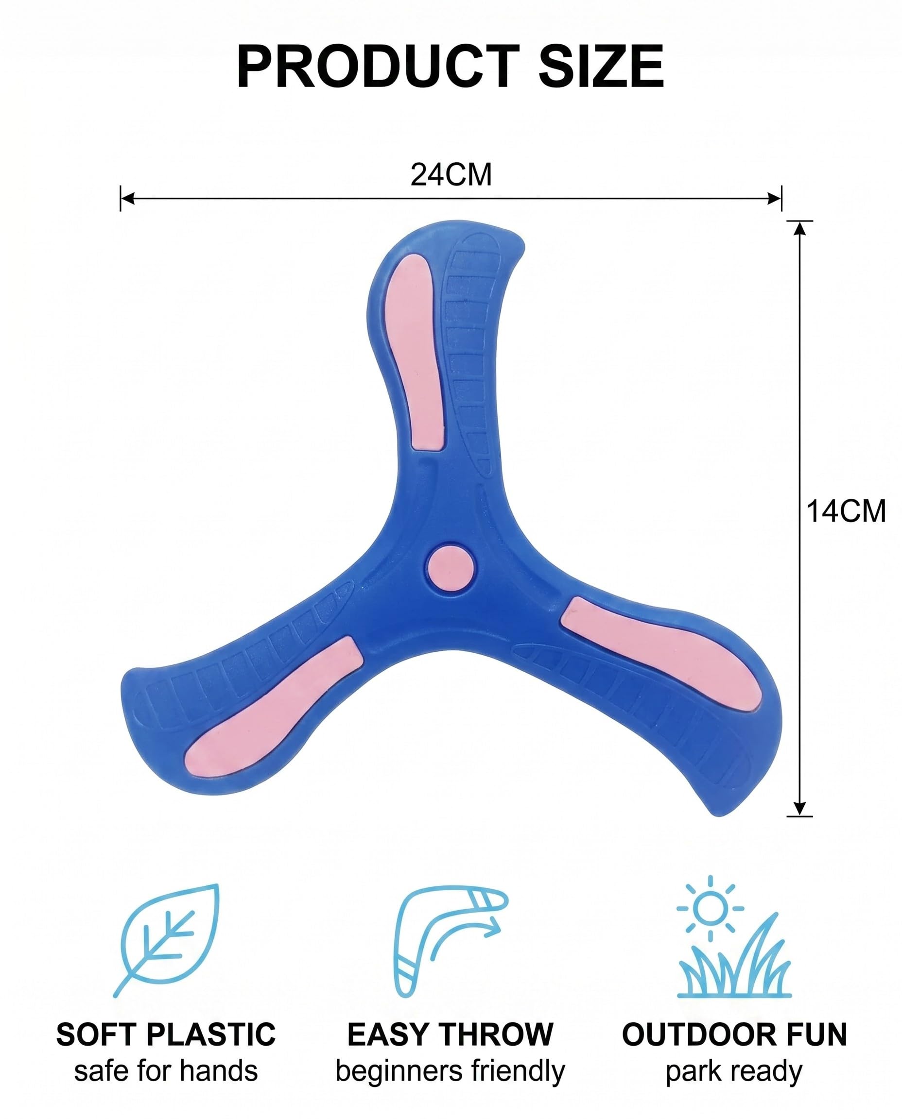 Boomerang 3 Pezzi 24cm Plastica, Sicuro per Bambini e Principianti, Volo Stabile e Morbido per Giochi All'aperto in Famiglia, Blu Giallo Verde.