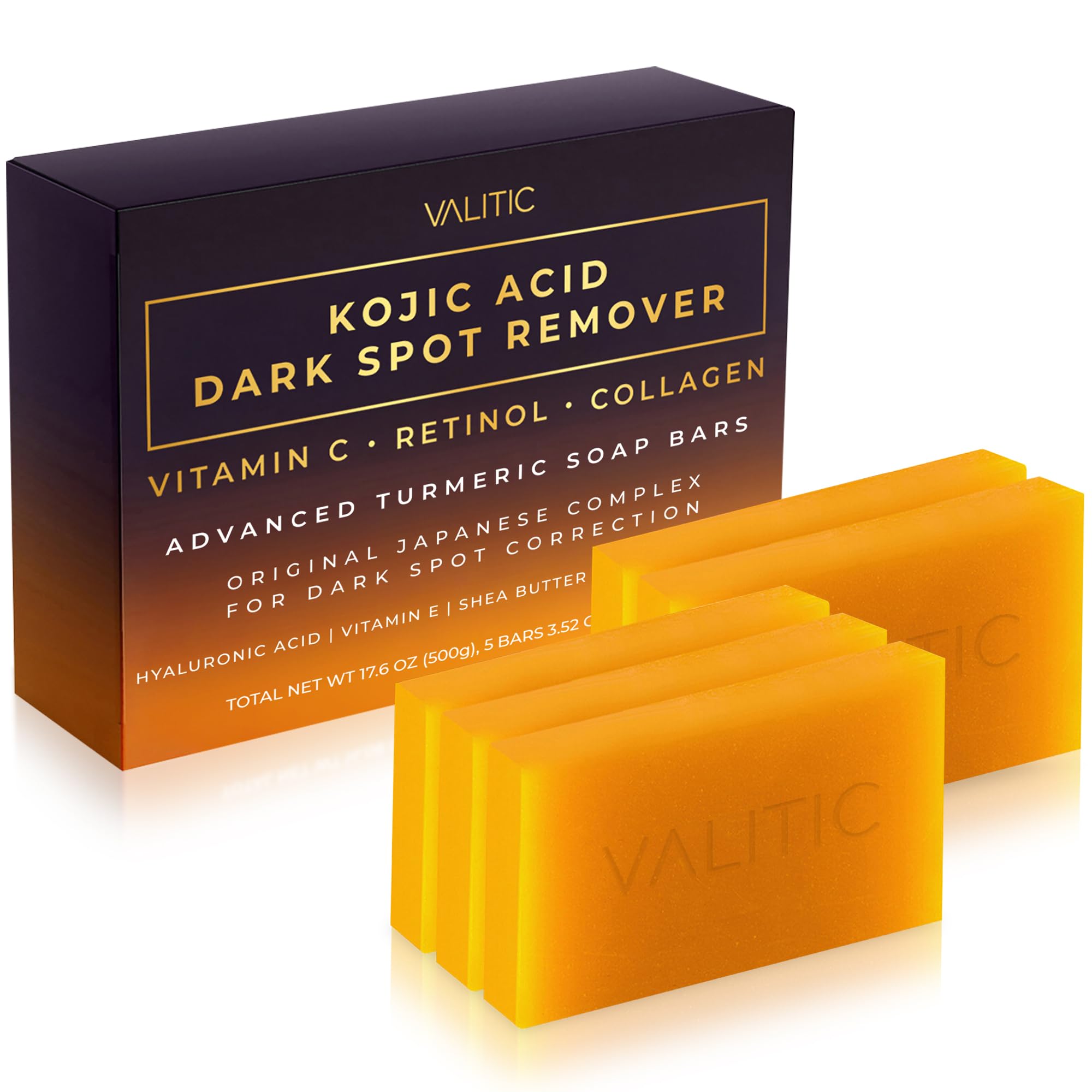 VALITIC Kojic Acid Dark Spot Remover Soap Bars with Vitamin C, Retinol, Collagen, Turmeric - Original Japanese Complex Infused with Hyaluronic Acid, Vitamin E, Shea Butter, Castile Olive Oil - 5 Pack