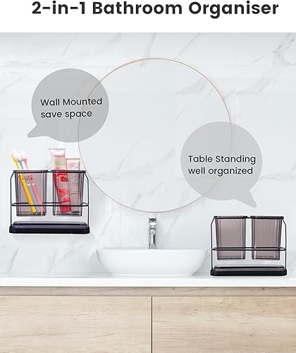 Miniatura 6 de KONE Soportes verdes para cepillos de dientes para baños, 2 tazas para cepillos de dientes montados en la pared, separación seca y húmeda,