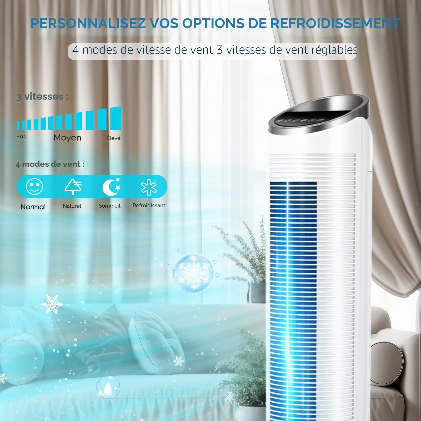 LIFERUN Ventilateur Refroidisseur Tour de 101 cm avec Télécommande, 4 en 1 Avec Refroidissement, Humidification de Nettoyage, Minuterie 8 Heures, Silencieux pour Chambre à Coucher, Salon, Blanc