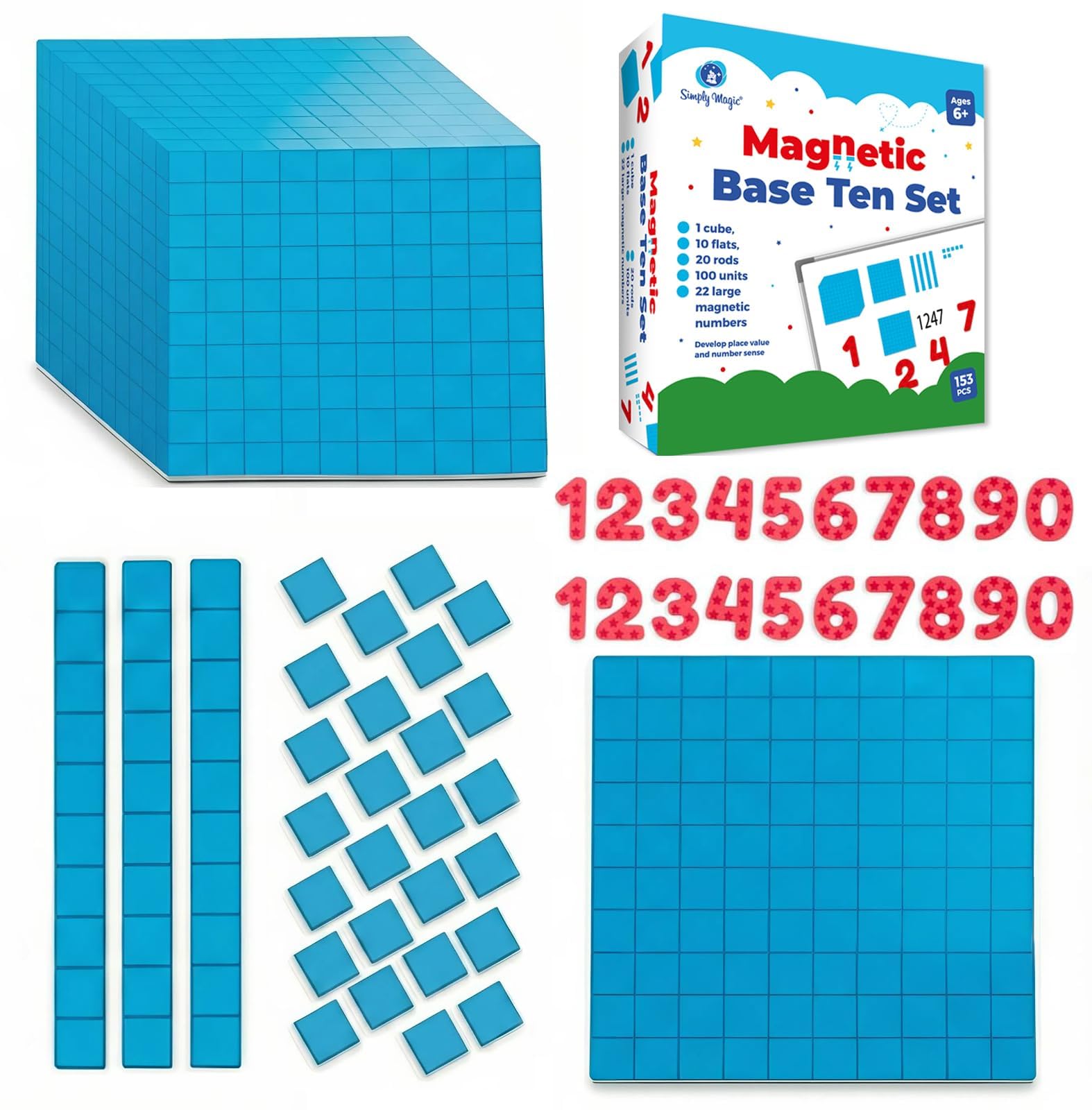 Simply magic 153 PCS Jumbo Magnetic Base Ten Blocks for Math, Math Blocks