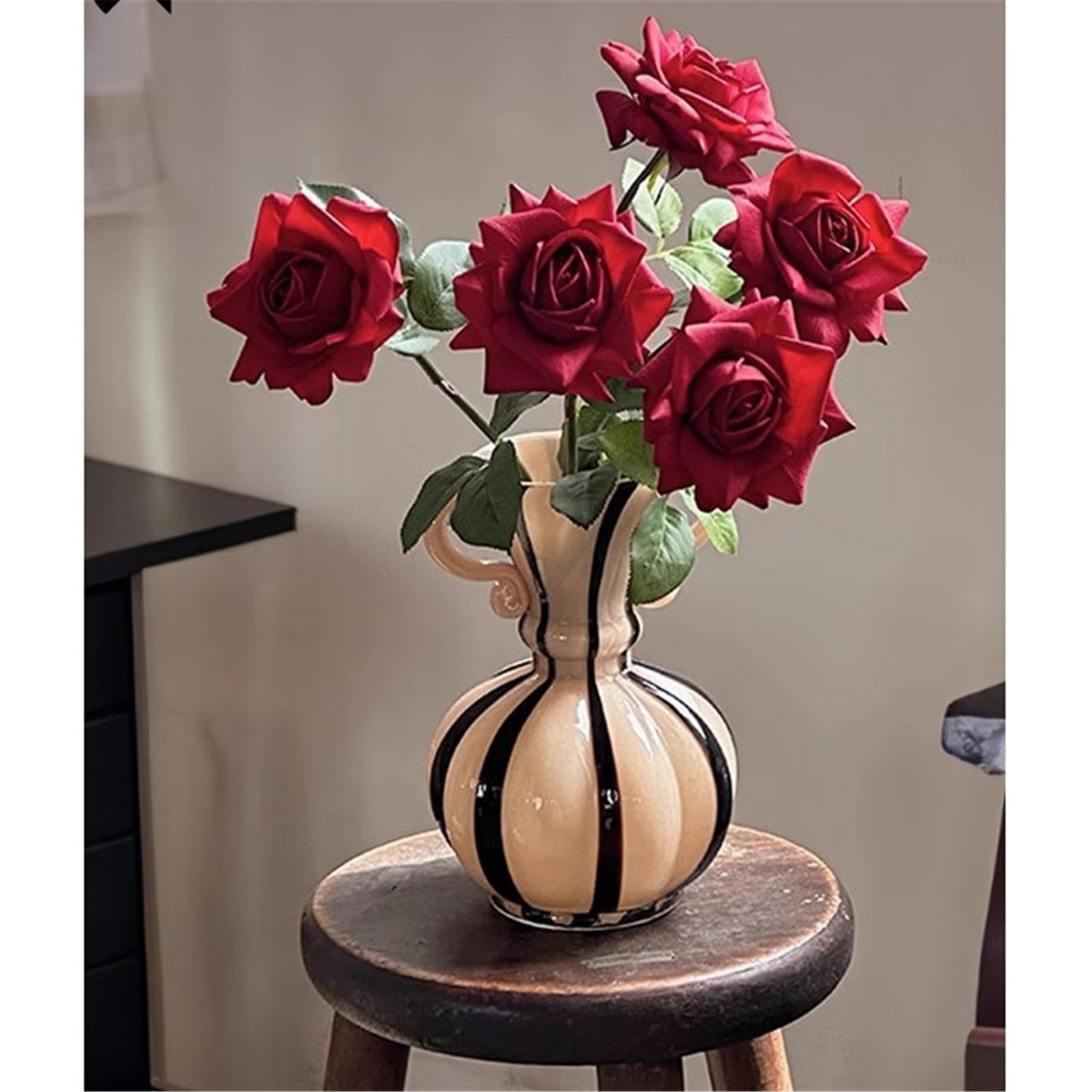 Decorazione Vaso in vetro retrò a strisce nere beige, alto 26 cm e largo 17 con manici Fiore
