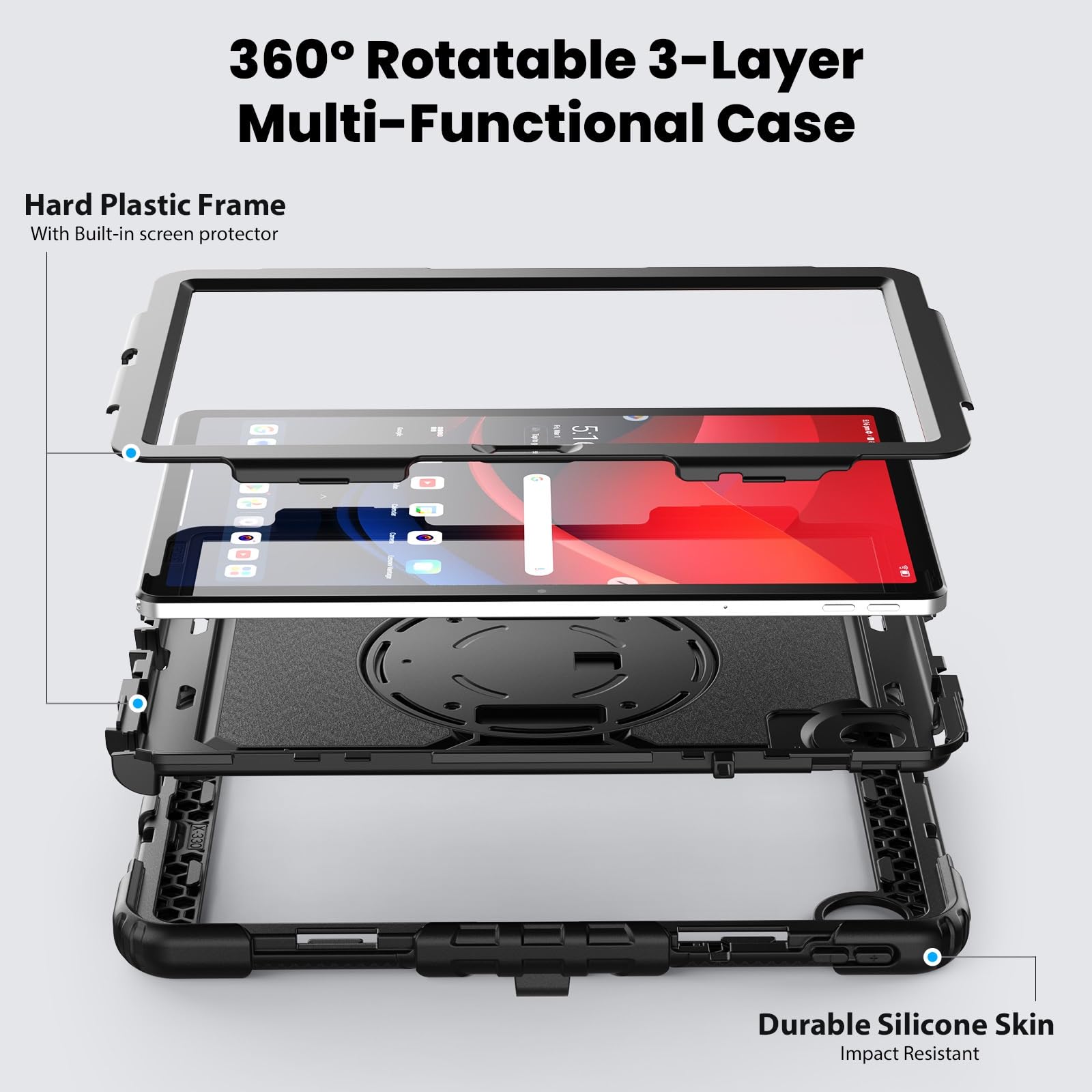 Kompatybilny z Lenovo Tab M11 TB-330FU/Lenovo Xiaoxin Pad 2024 TB-331FC Wytrzymała, odporna na wstrząsy obudowa TPU, osłona ochronna osłoną ekranu Obrotowa podpórka 380 + pasek rękę + ramię(Noir)