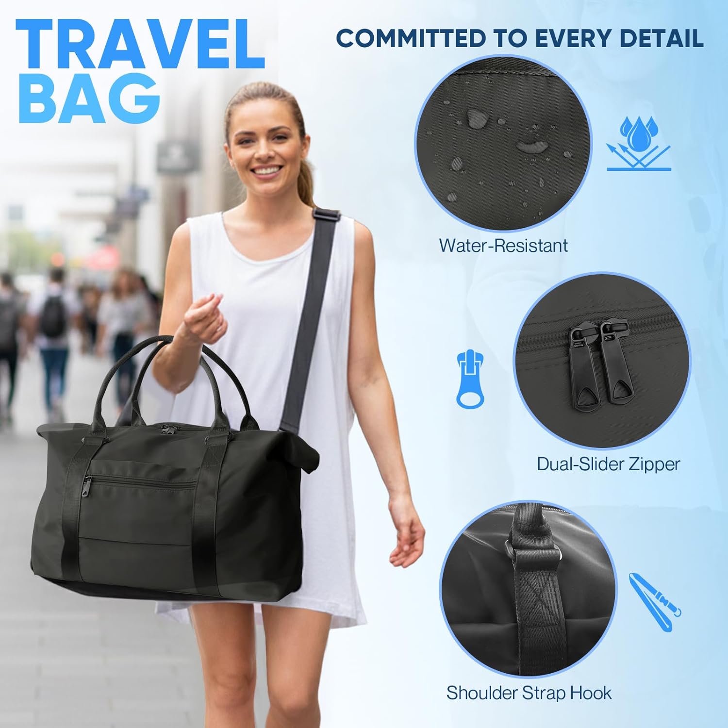 Travel Duffle Bag, Weekender Travel Bag Men Small Gym Bag for Women, Hospital Bag for Labor and Delivery, Overnight Bag Luggage Bag with Trolley Sleeve, Airplane Travel Essentials for Flying(Black) - Image 7