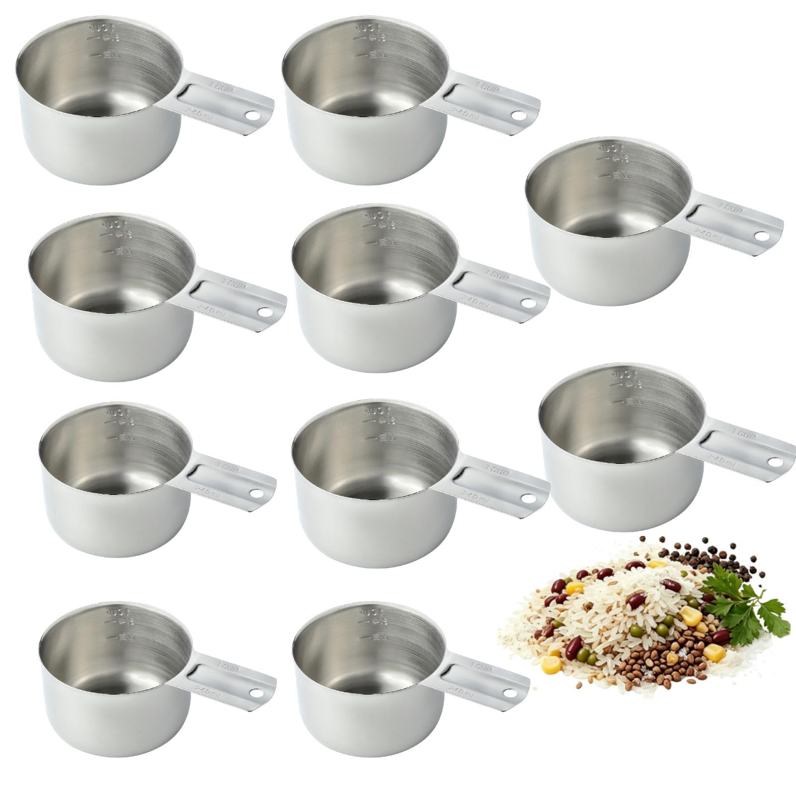 10 tazas medidoras de acero inoxidable, 1 taza/240 ml, doble boquilla