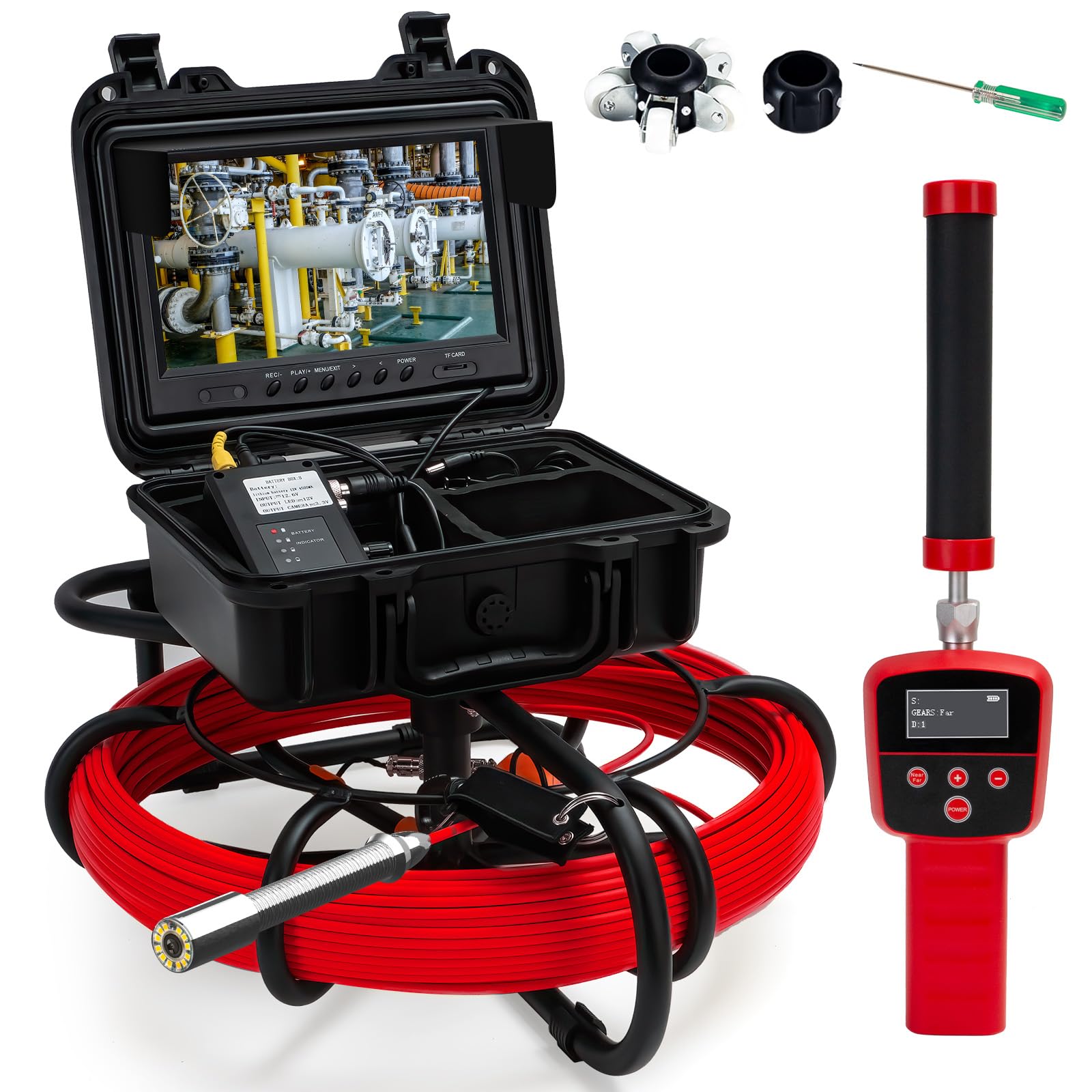 Sewer Camera with Locator 300FT Self Leveling,9IN 16GB Video Screen 12 Adjustable LEDs,JQKJCAM HD Pipe Sewer Inspection Camera with Light and 7MM Firm