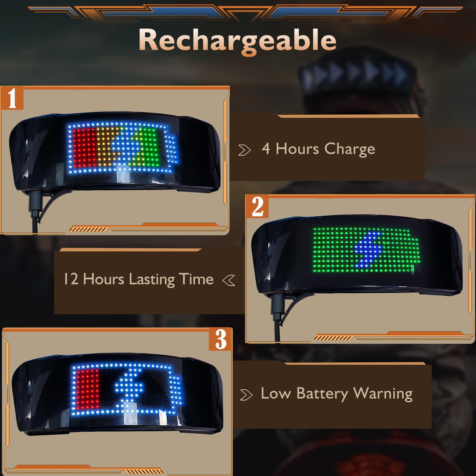 PChero LED Schild Personalisiert für Helm, Customizable LED Display Laufschrift Anzeige Programmierbar Namensschild Personalisiert Fahrradhelm Licht für Motorradhelm Skihelm Schutzhelm