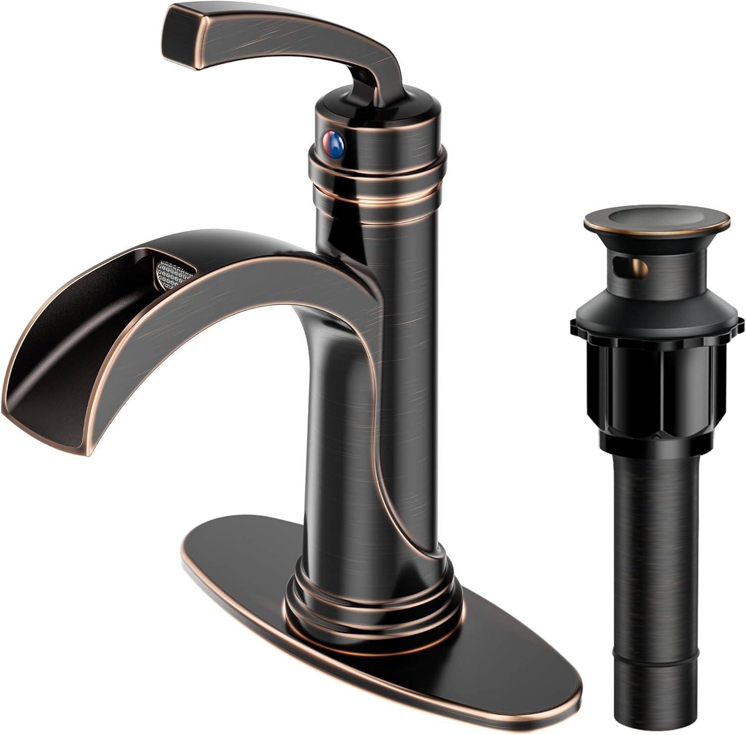 Forious Bathroom Sink Faucet Oil Rubbed Bronze Single Handle One Hole Antique Waterfall Bathroom Faucet with Metal Pop Up Drain and Deck Plate for Lavatory Vanity Farmhouse RV