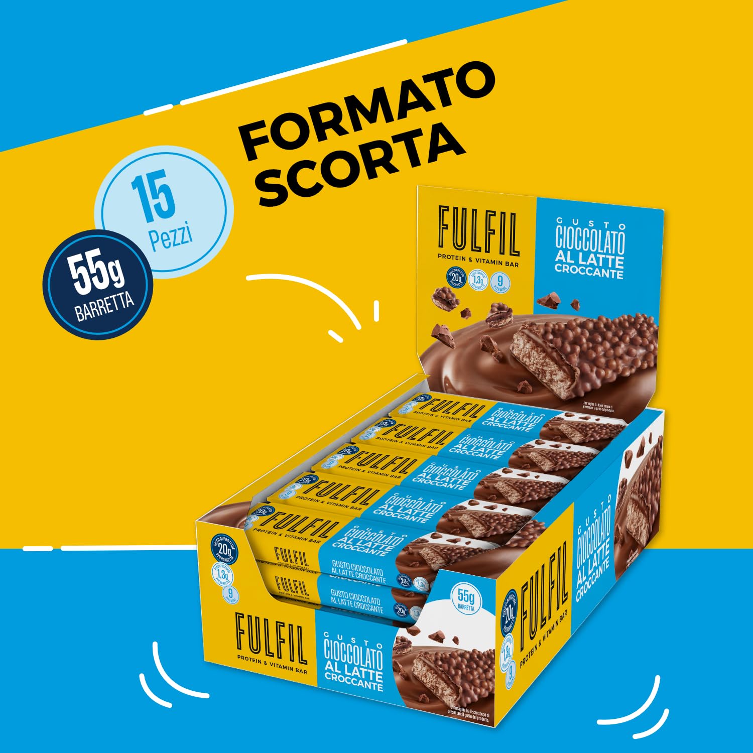 FULFIL - 15 Barrette Proteiche da 55 Grammi, Gusto Cioccolato Croccante al Latte con 9 Vitamine e Pochi Zuccheri, Confezione da 825 Grammi