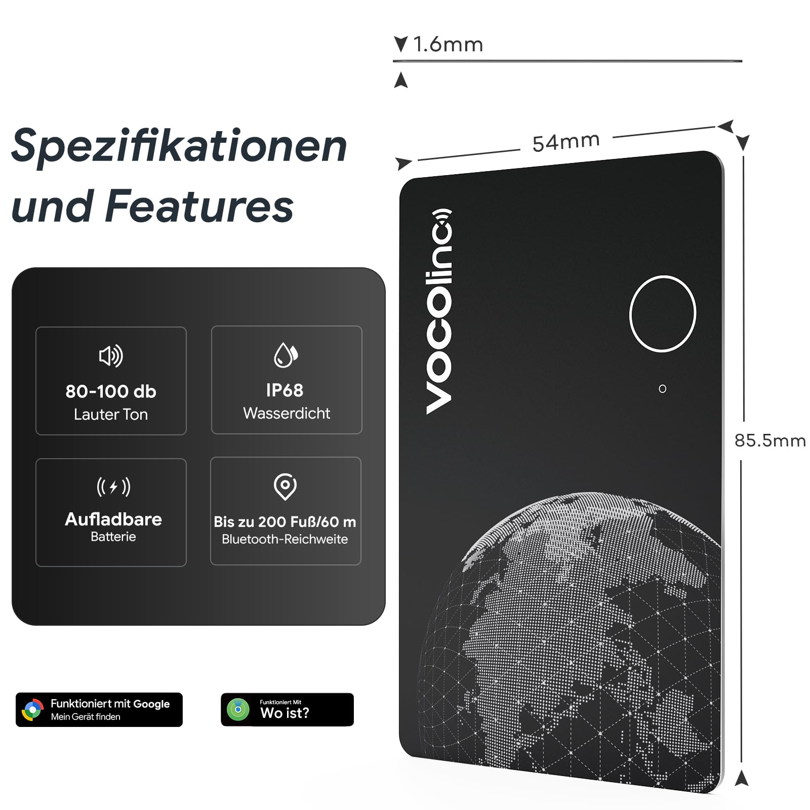 VOCOlinc Dual System Air Tag Card 2er Pack, Wiederaufladbar Wallet Tracker Karte Kompatibel mit Android Google Mein Gerät Finden or iOS Apple Wo ist? App, Bluetooth Finder für Gepäck/Taschen/Koffer