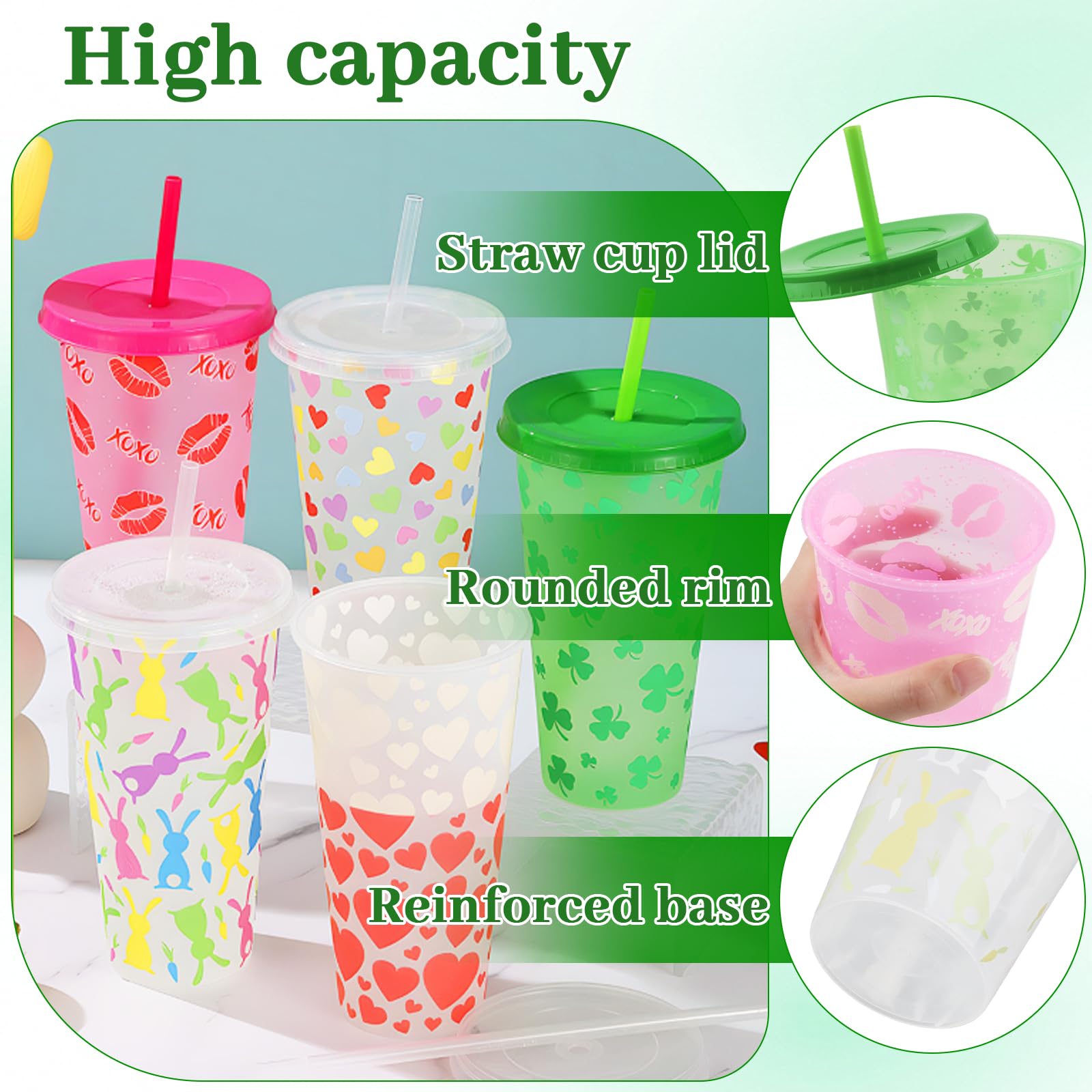 Bicchieri con Cannuccia Che Cambiano Colore, 720 Ml, Set da 5 Pezzi, con Coperchio e Cannuccia, Bicchieri Riutilizzabili e Lavabili per Milkshake, Bicchieri per Bevande da Festa