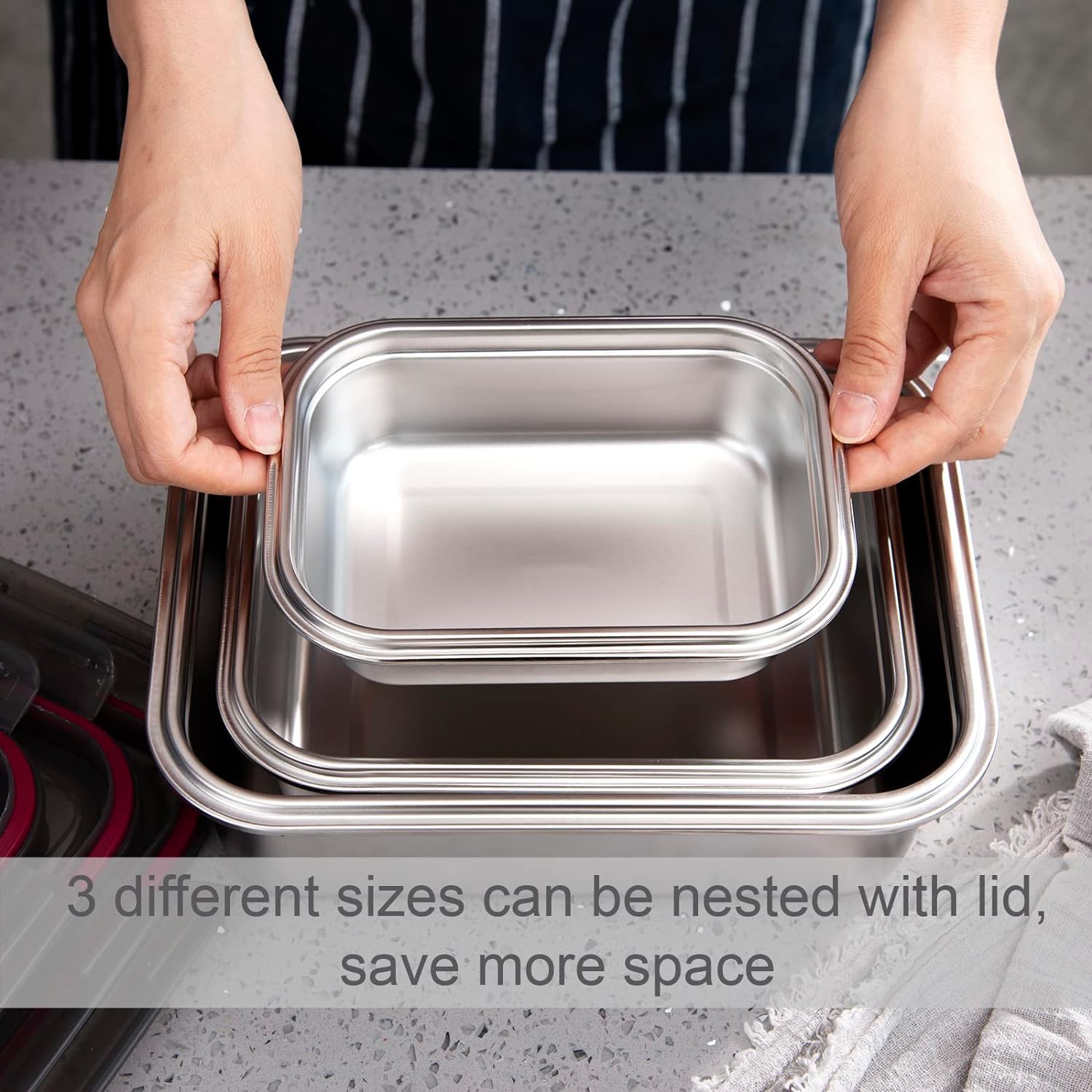Inllex Stainless steel food storage containers 3 pcs leak proof & airtight lids for Kitchen,stainless steel bowl,meal prep lunch box,freezer rectangular,reusable & stackable -Bread Box Refrigerator 1