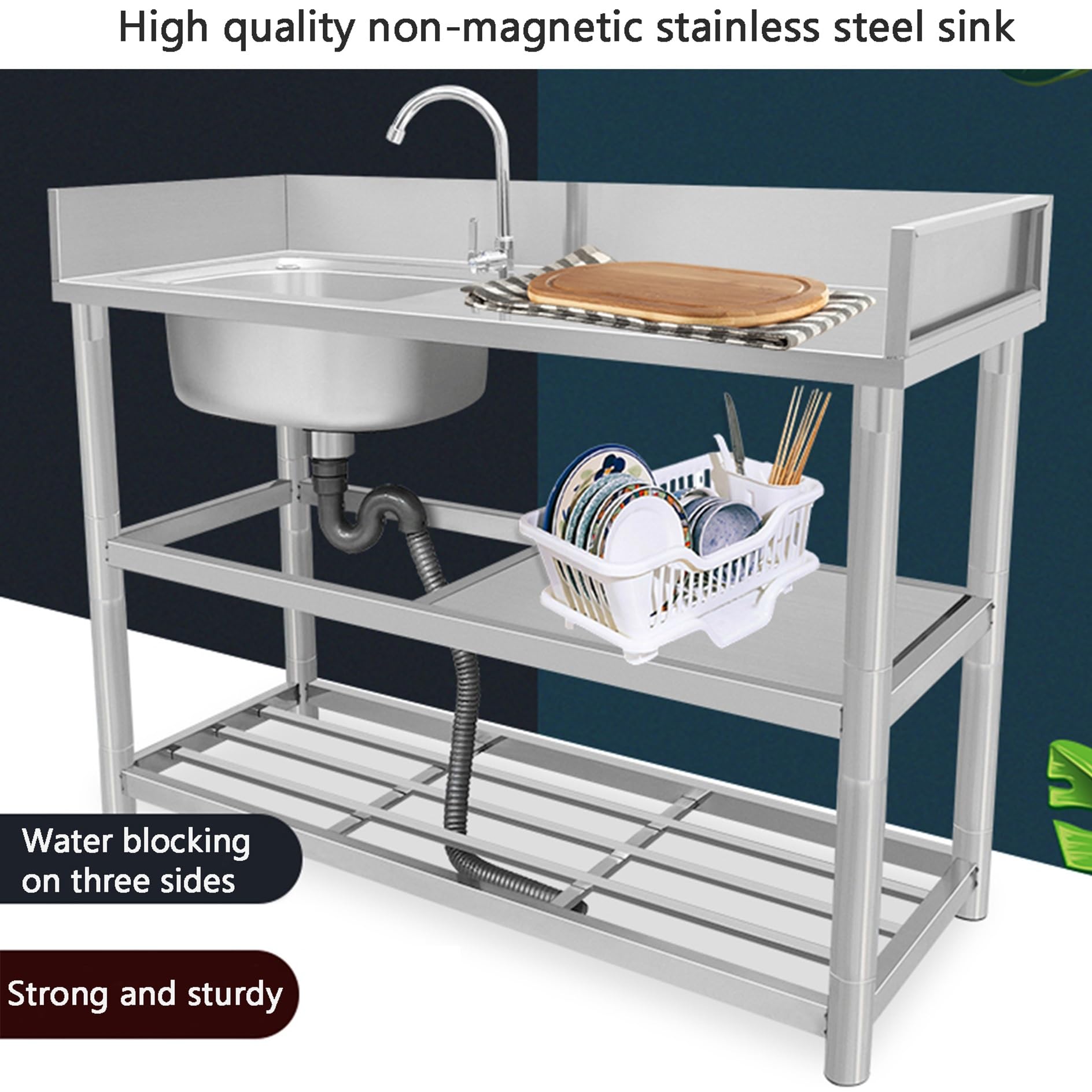 Edelstahl Spültisch Gastro 1 Becken Outdoor Spüle Küche Mobiles Waschbecken mit Armatur Freistehende Spülbecken Kitchen Sink Arbeitsplatte Ausgussbecken für Außen Werkstatt Pantryküche Camping Garten(