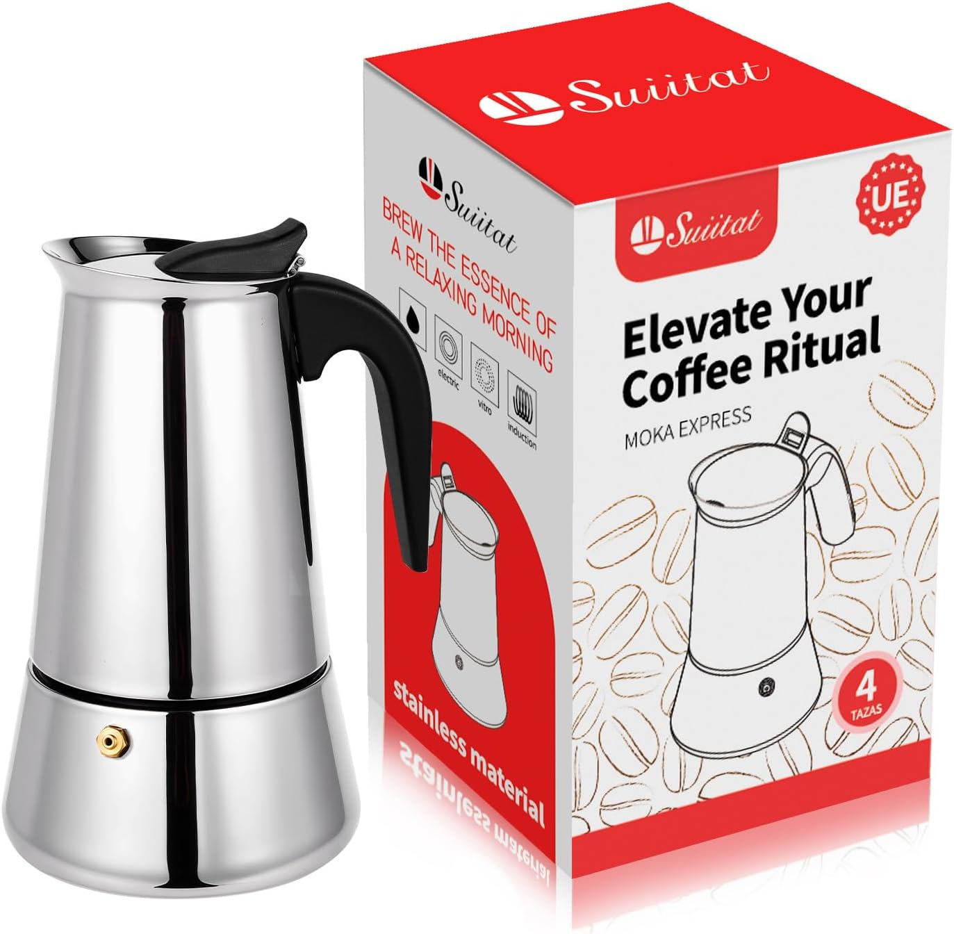Moka Pot, 4 Cups (7.1 oz) Stovetop Espresso Maker, 304 Stainless Steel Moka Pot, Induction Compatible, Silver Silver 4 cups
