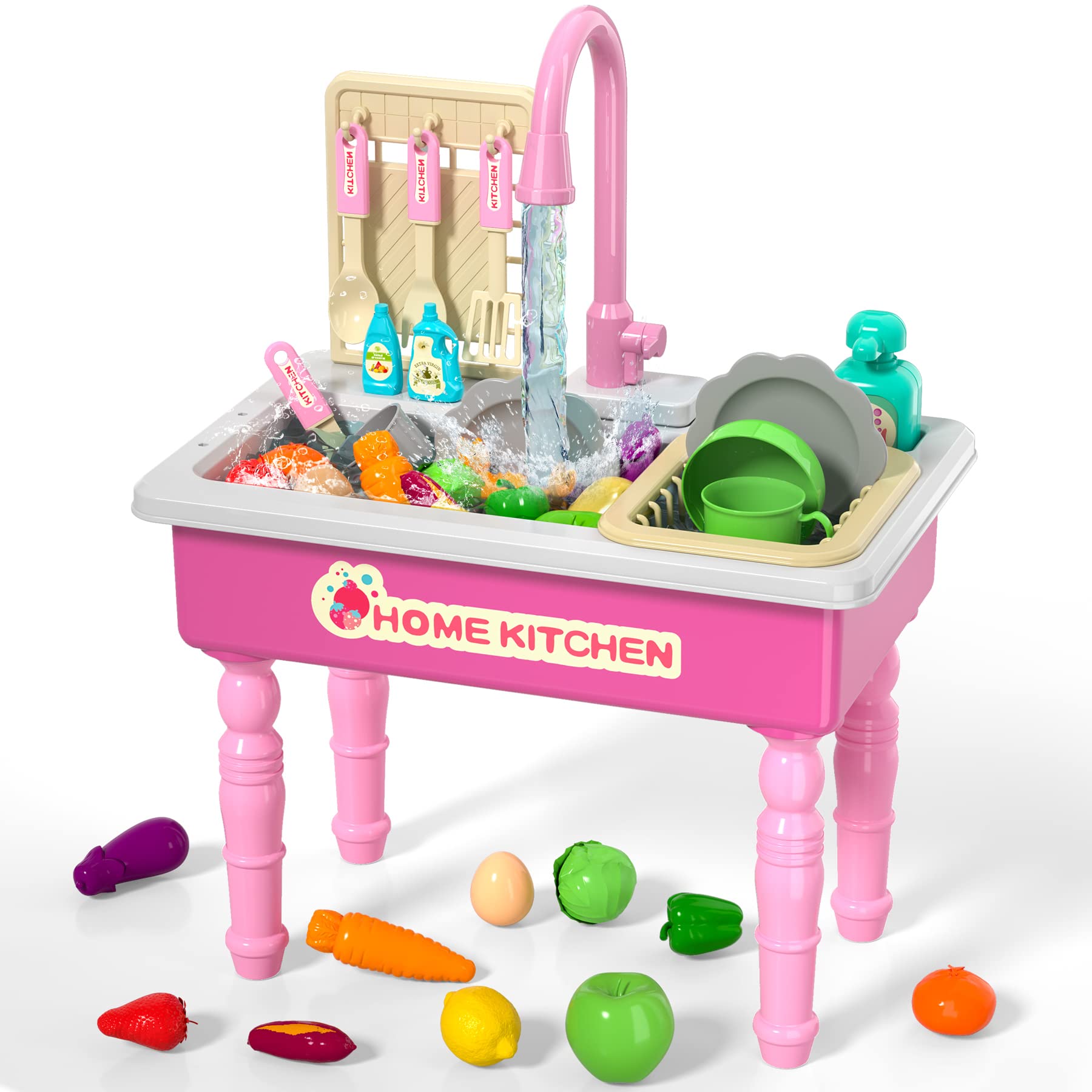 Kids Play Sink Kitchen Toy, Kitchen Play Food Toy for Girls Play Sink with Running Water, Role Play Sink Dishwasher Set for Toddlers Kids Boys Girls 3 4 5 6 Years Old